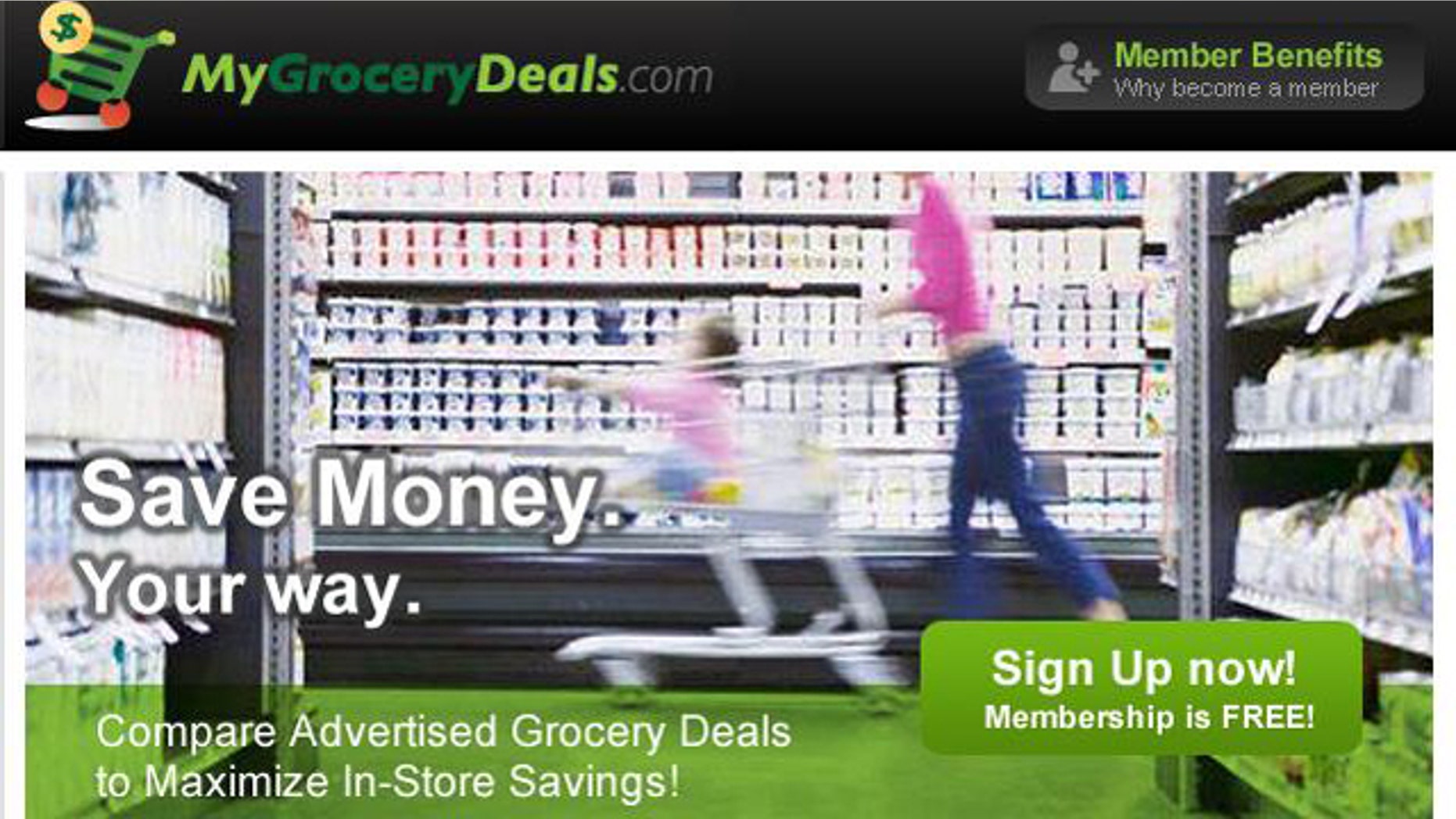 A screenshot of the website for MyGroceryDeals.com, where you can find deals and bargains at local area supermarkets.