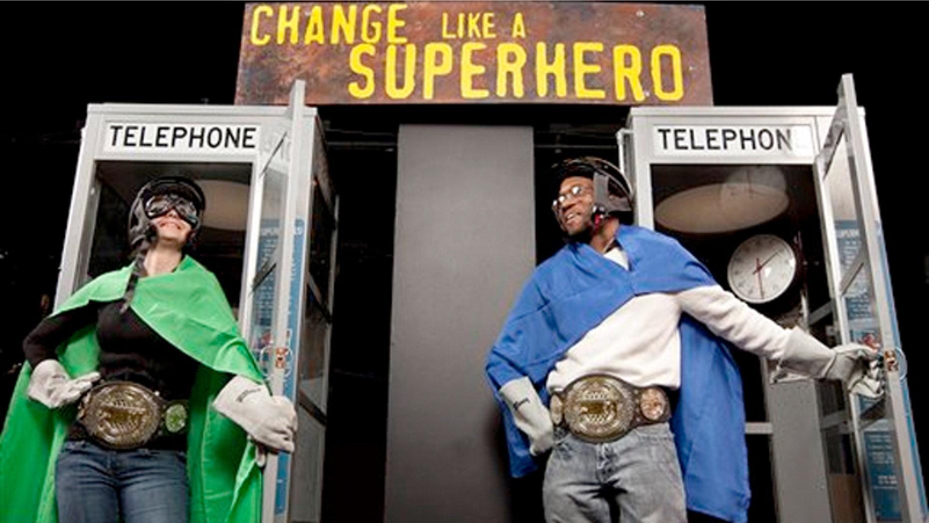 Feb. 17, 2012: Friends and relatives come out of phone booths during setup for the "Change Like A Superhero" station of the "MythBusters: The Explosive Exhibition" exhibit modeled after Discovery Channel television show "Mythbusters" at the Museum of Science and Industry in Chicago.