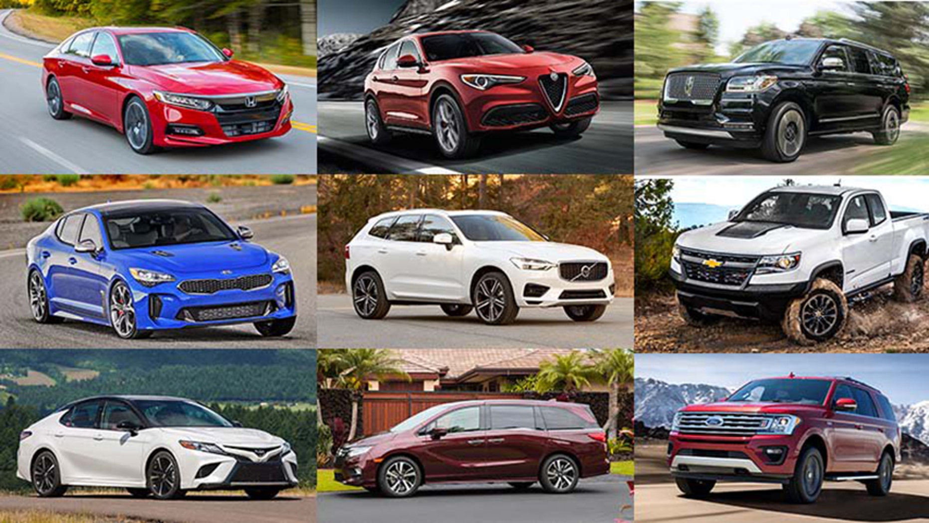 Top row (L to R): Honda Accord, Alfa Romeo Stelvio, Lincoln Navigator. Middle row: Kia Stinger, Volvo XC60, Chevrolet Colorado ZR2. Bottom row: Toyota Camry, Honda Odyssey, Ford Expedition