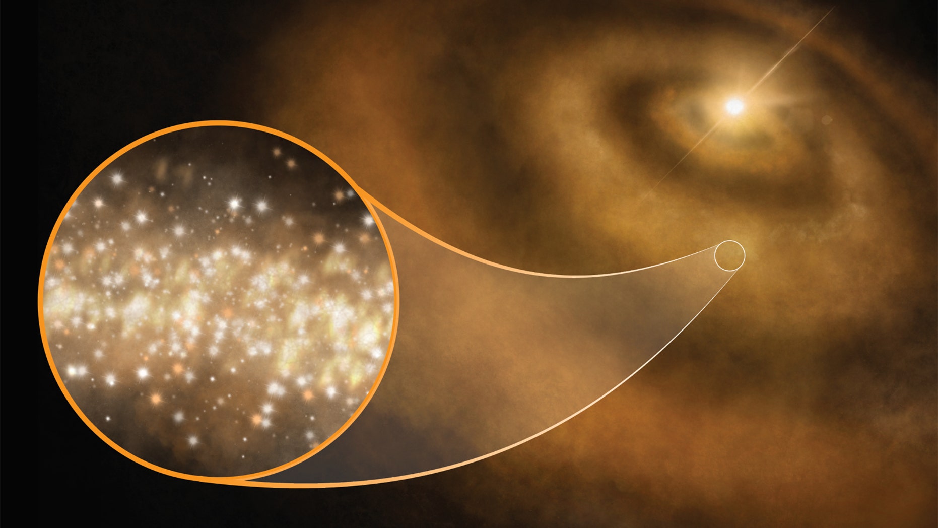 An artist's illustration of nanodiamonds (tiny nanoscale diamonds) around a young star in our Milky Way galaxy.