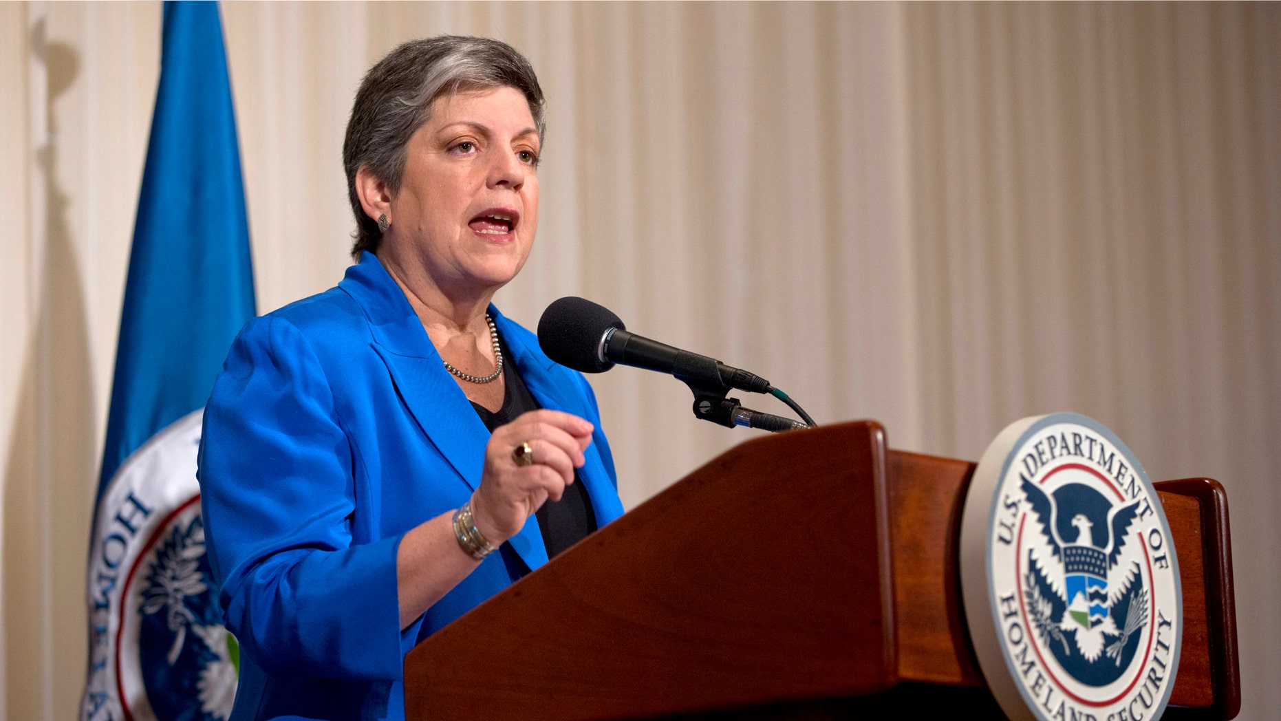 Homeland Security Secretary Janet Napolitano gives her farewell address at the National Press Club in Washington, Tuesday, Aug. 27, 2013.