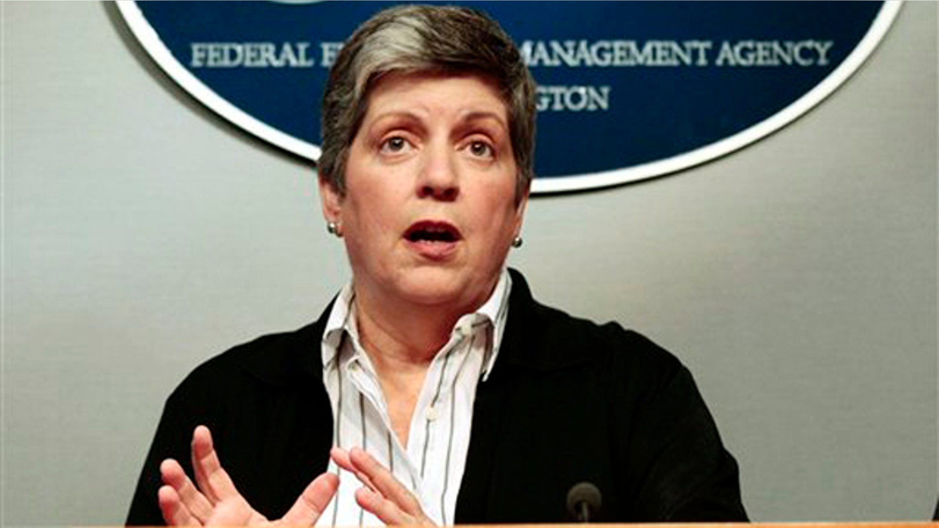 Homeland Security Secretary Janet Napolitano speaks at FEMA headquarters in Washington Aug. 28.