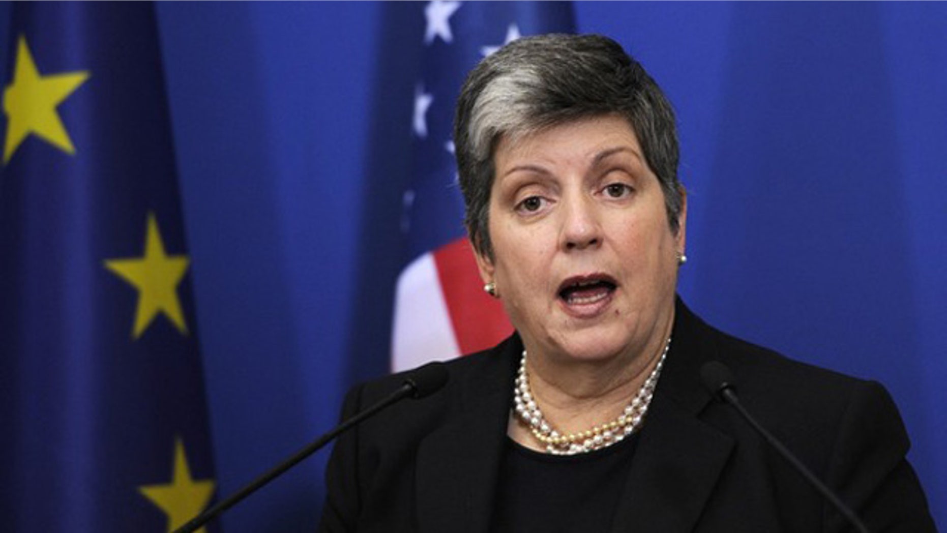 Dec. 2, 2011: Homeland Security Secretary Janet Napolitano speaks during a joint news conference at the Interior ministry in Paris.