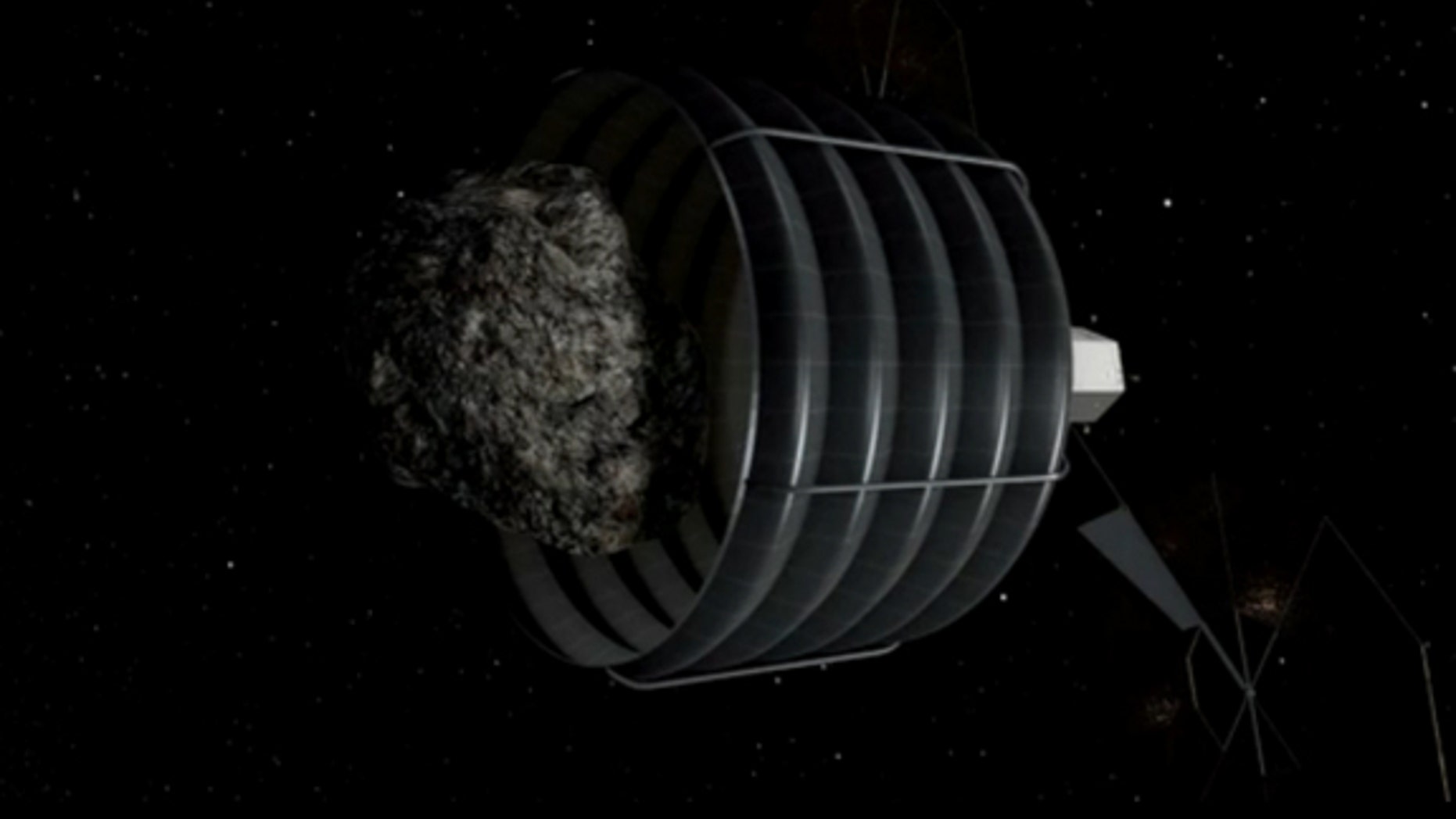 In this still from a NASA video, a robotic spacecraft's capture bag swallows an asteroid in order to return it to Earth.