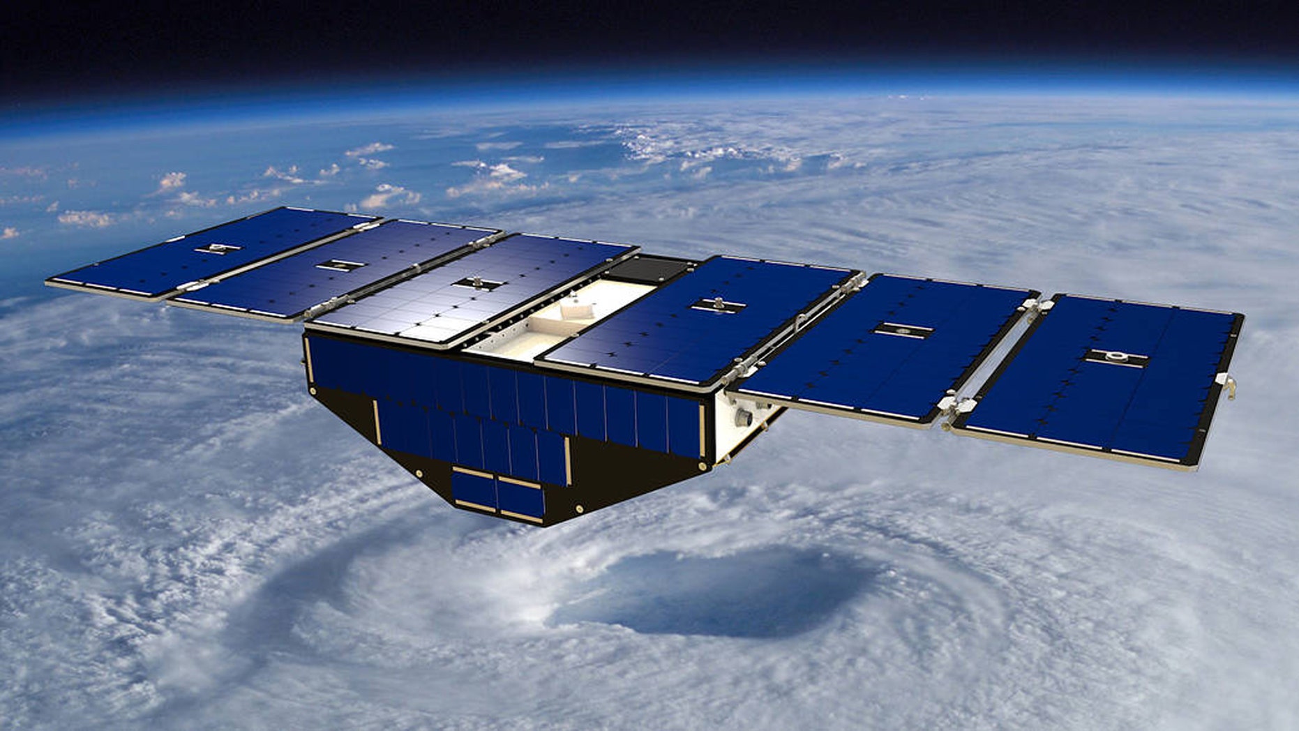 Artist's concept of one of the eight Cyclone Global Navigation Satellite System satellites deployed in space above a hurricane. (Credit: NASA)