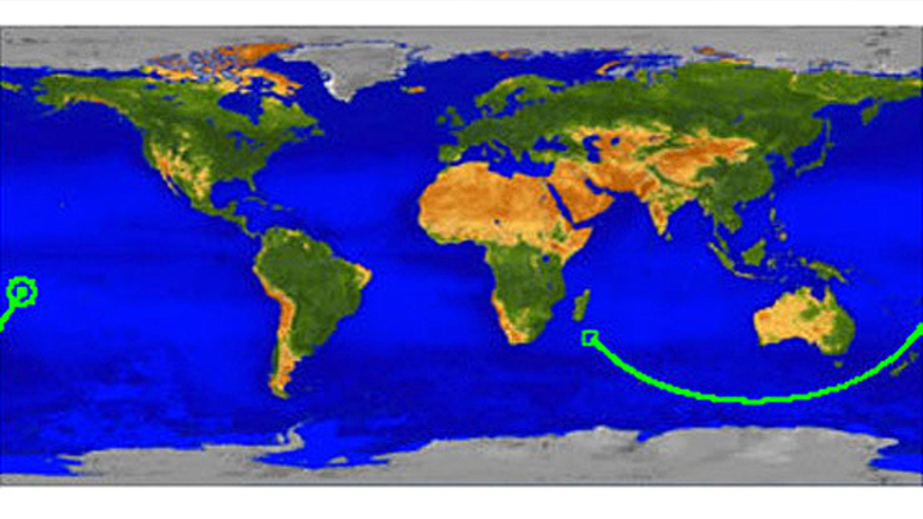 This map shows the ground track for UARS beginning in the Indian Ocean off the coast of Africa at 0330 GMT and ending at atmospheric interface over the Pacific Ocean at 0401 GMT. In this map, the satellite's path is shown beginning in the Indian Ocean off the coast of Africa at 0330 GMT and ending at atmospheric interface over the Pacific Ocean at 0401 GMT.