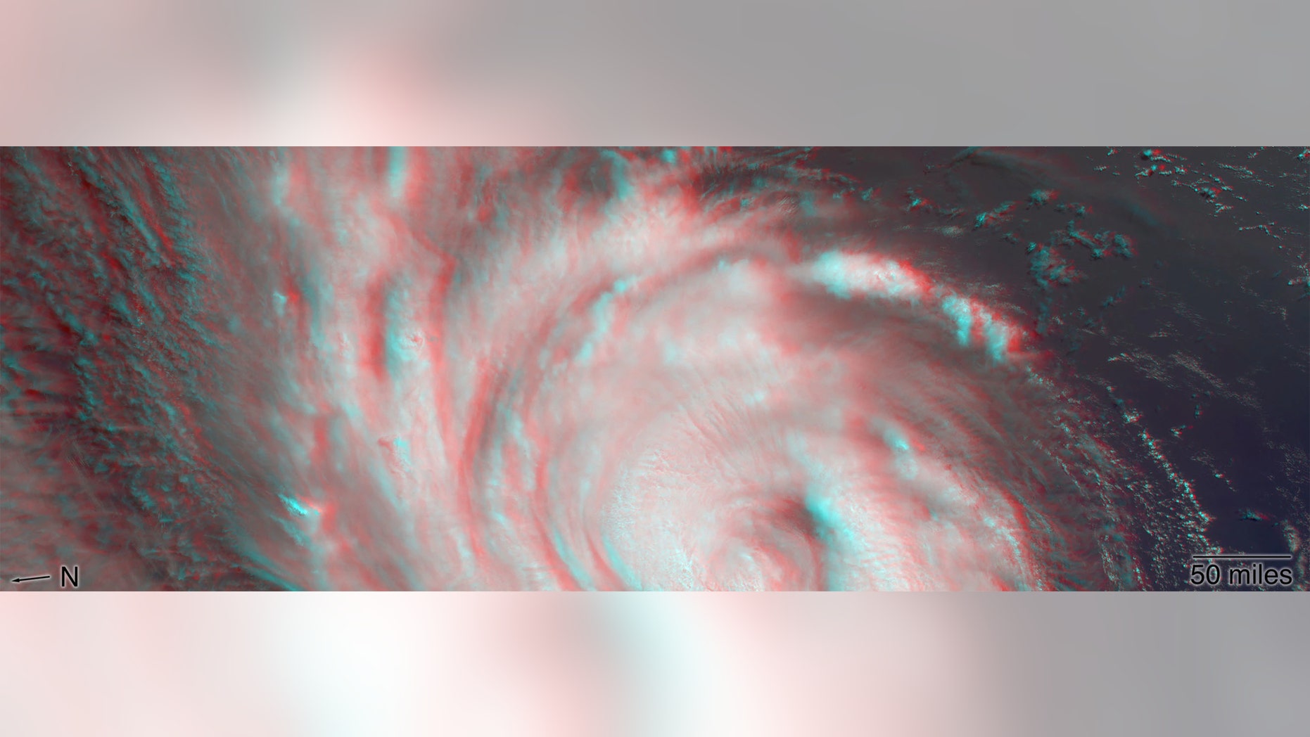 The MISR instrument, flying onboard NASA’s Terra satellite, carries nine cameras that observe Earth at different angles. It takes about seven minutes for all the cameras to observe the same location. This stereo anaglyph shows a 3D view of Florence. You will need red-blue 3D glasses, with the red lens placed over the left eye, to view the effect. The anaglyph shows the high clouds associated with strong thunderstorms in the eyewall of hurricane and individual strong thunderstorms in the outer rain bands. These smaller storms can sometimes spawn tornadoes. (Credit: NASA/GSFC/LaRC/JPL-Caltech, MISR Team)