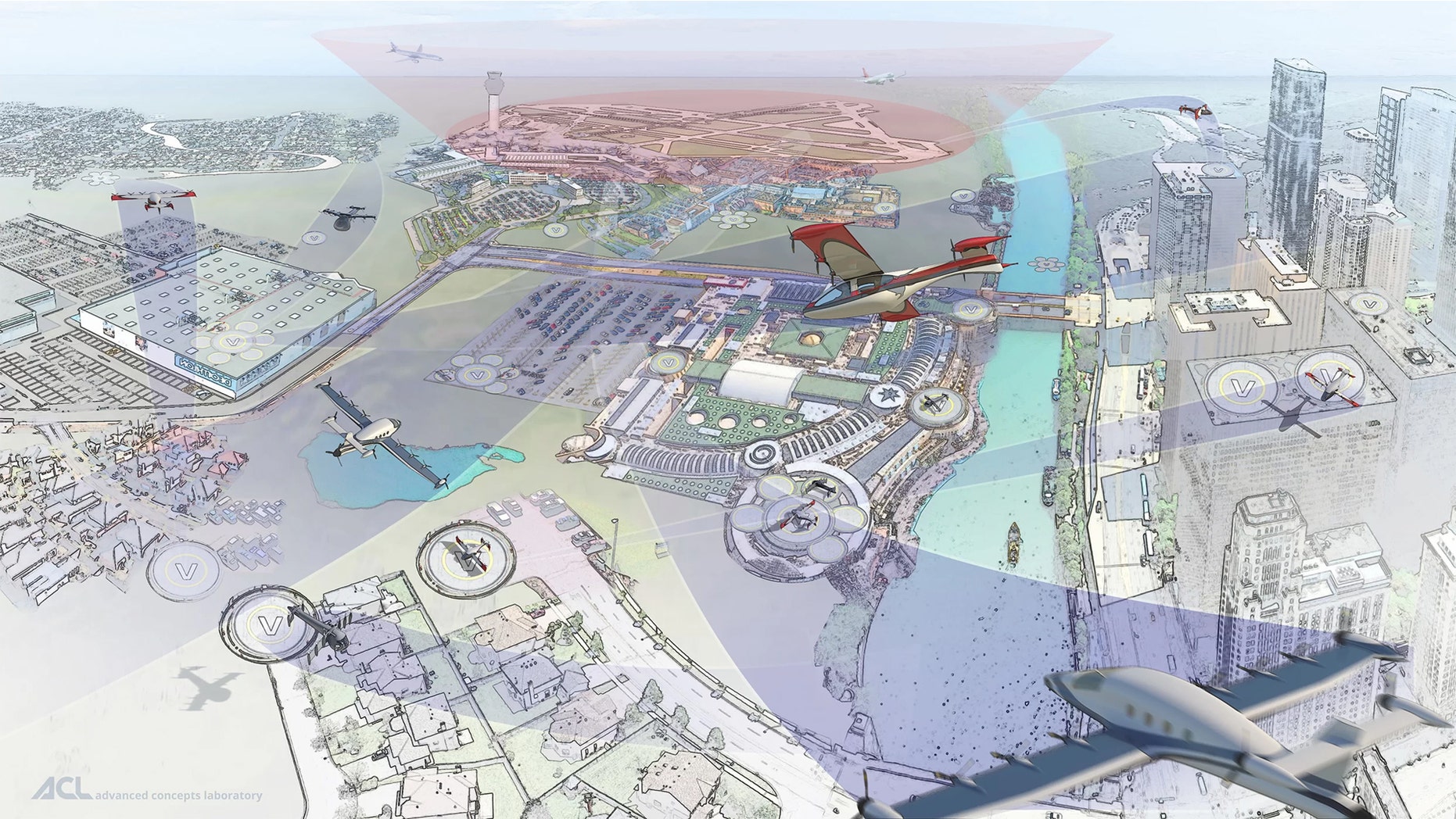 An artist's concept of how on-demand aircraft could be integrated into daily life in different communities. (Credit: NASA/Advanced Concepts Laboratory)