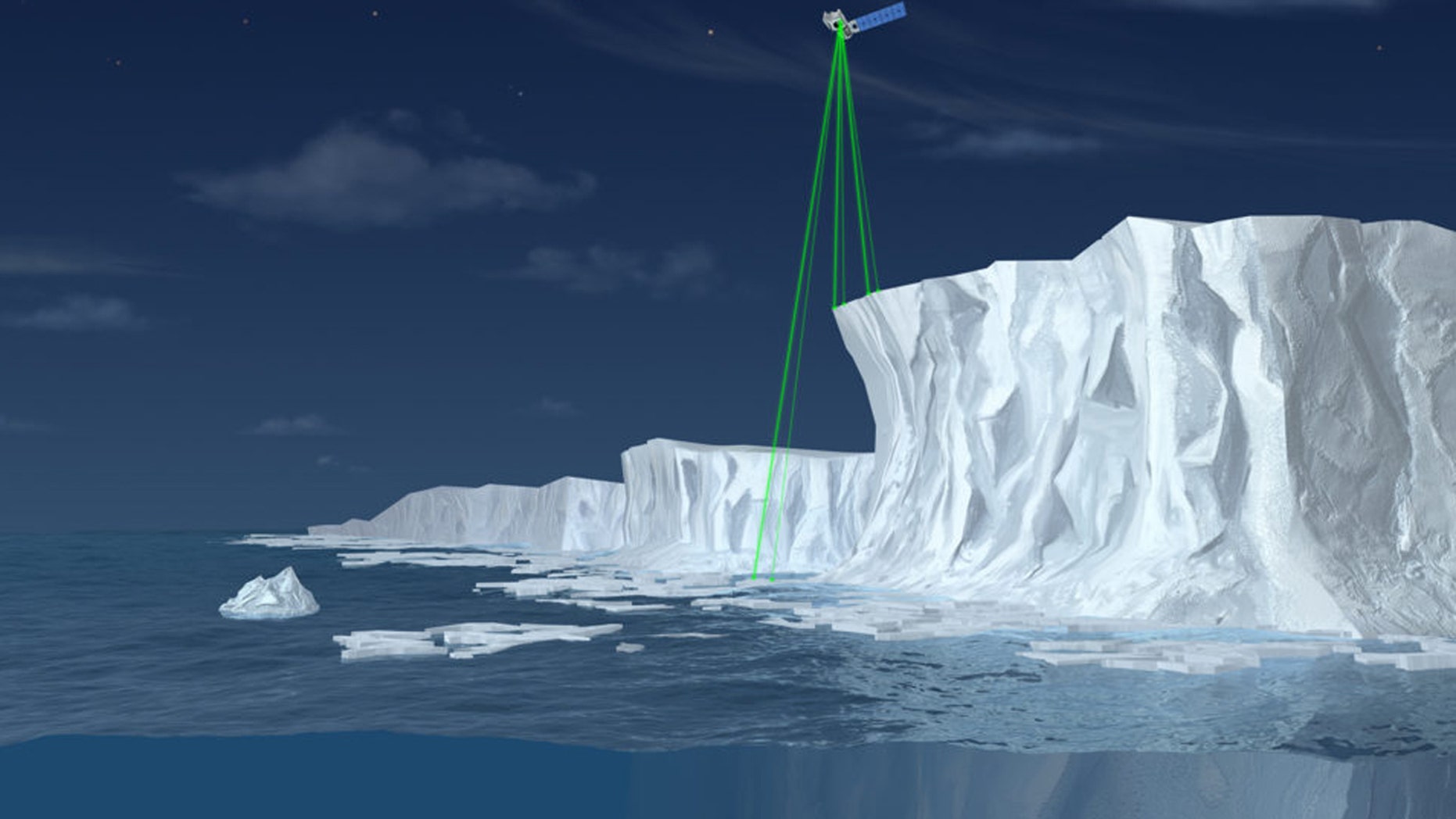 ICESat-2 will use six laser beams to measure the height of ice, as illustrated in this not-to-scale artist's rendering.
