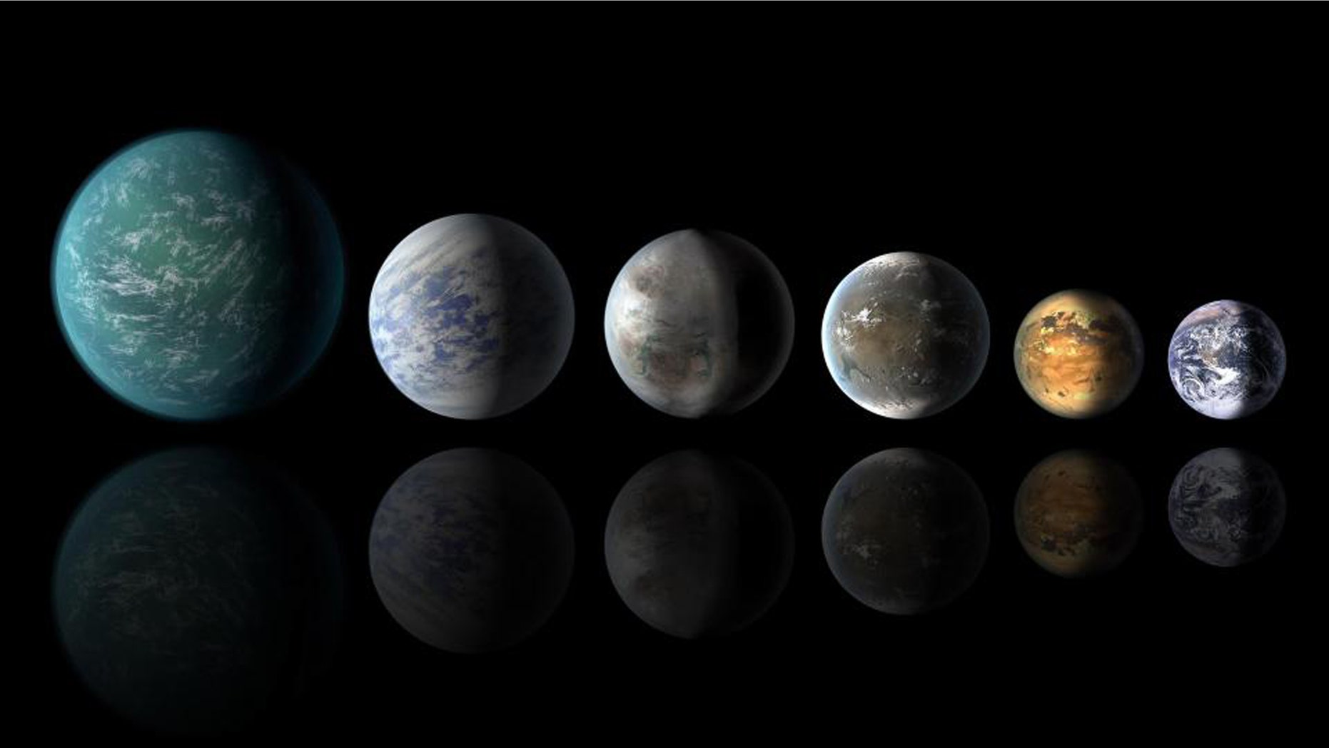 This artist's conception of a planetary lineup shows habitable-zone planets with similarities to Earth: from left, Kepler-22b, Kepler-69c, the just announced Kepler-452b, Kepler-62f and Kepler-186f. Last in line is Earth itself (NASA)