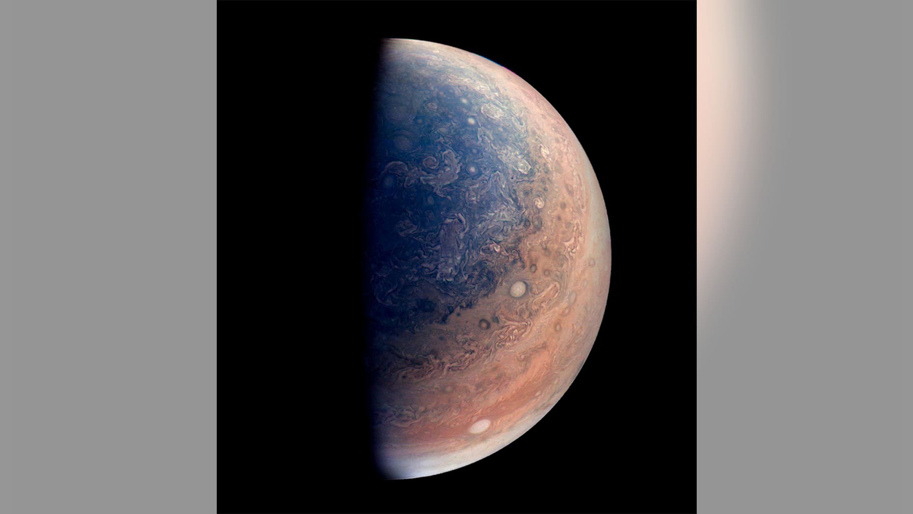 This view of Jupiter’s south pole was created using data from NASA’s Juno spacecraft, which has been orbiting the giant planet since July 2016.