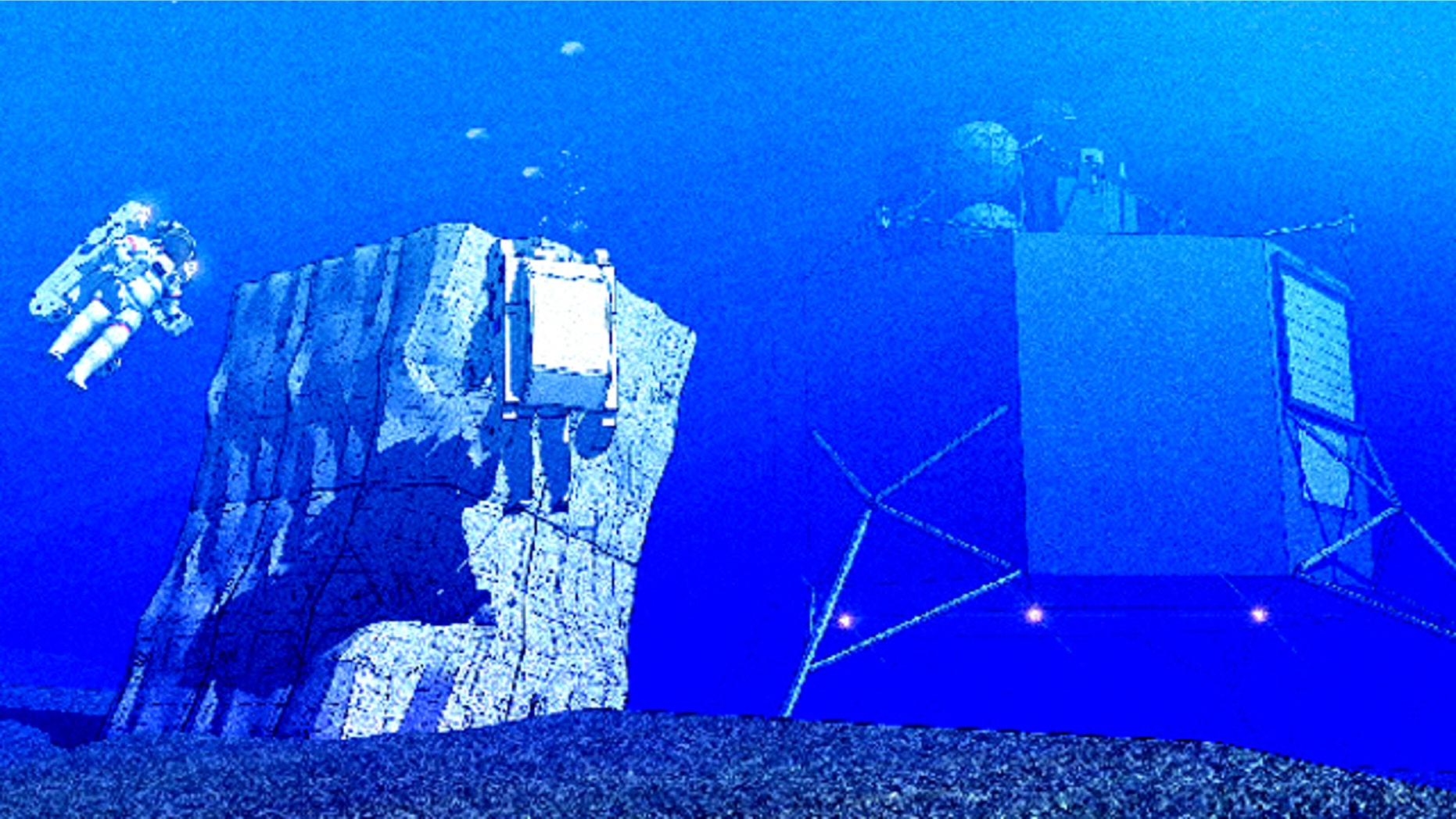 NASA's NEEMO 15 expedition will simulate aspects of a mission to an asteroid. In this illustration, a configured rock wall can be seen near the underwater Aquarius laboratory.