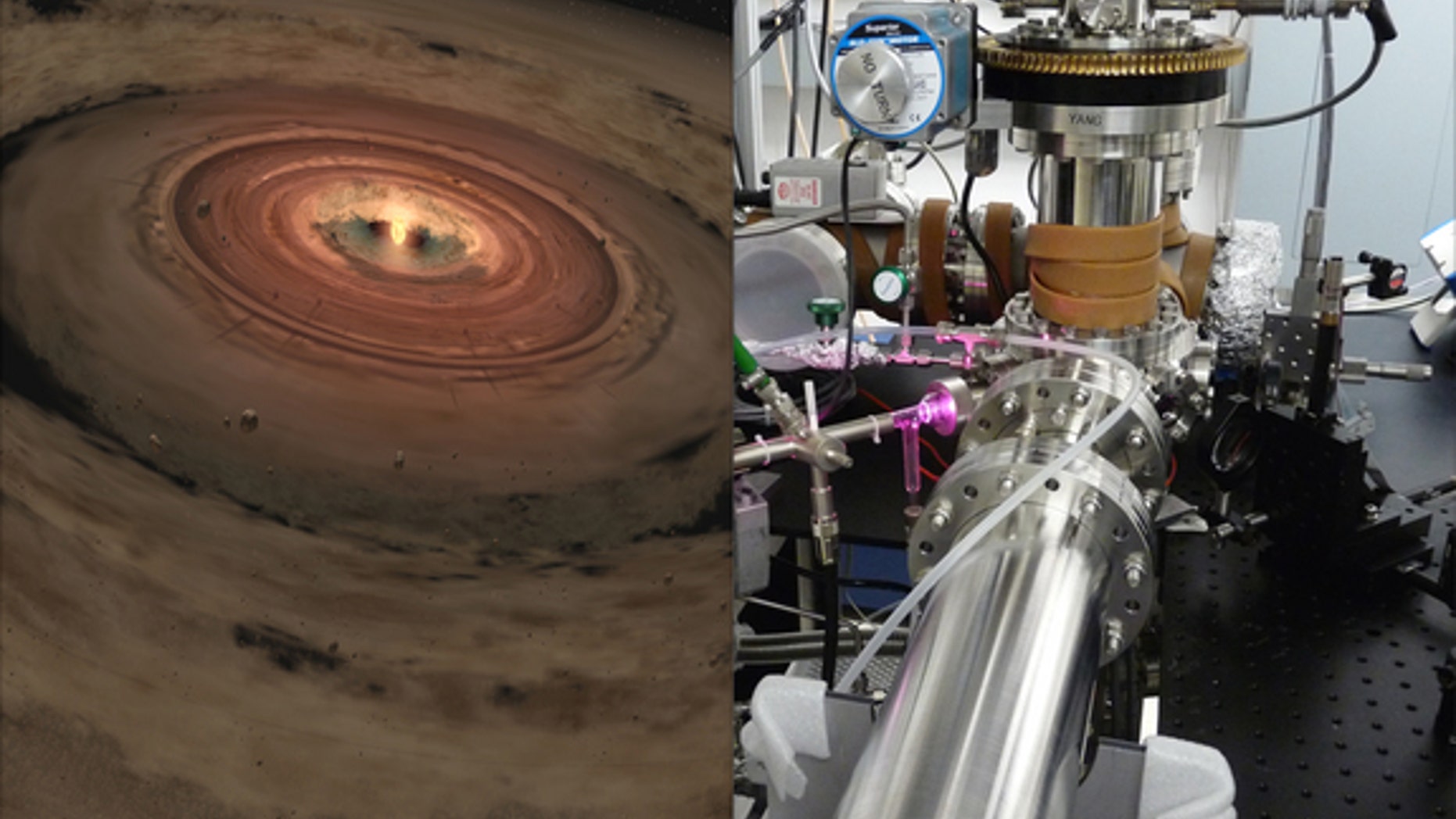 Scientists are brewing up icy, organic concoctions in the lab to mimic materials at the edge of our solar system and beyond. At right: the lab equipment used to create the organic molecules at NASA's Jet Propulsion Laboratory. At left: An artis