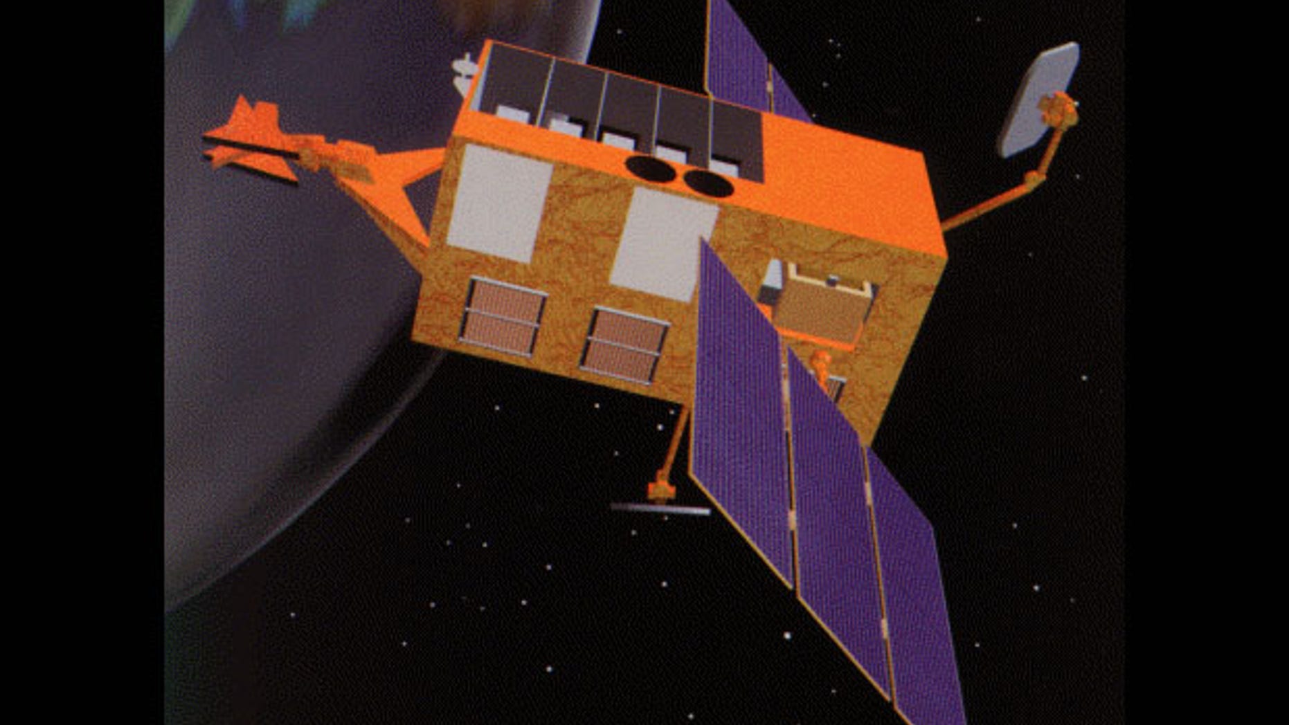 NASA's Rossi X-ray Timing Explorer satellite, shown here in an old artist's illustration, fell to Earth on April 30, 2018, burning up in the atmosphere. The satellite launched in 1995 and was decommissioned in 2012.
