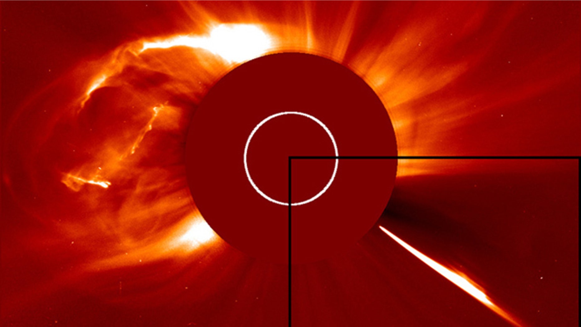 The Solar and Heliospheric Observatory captured this shot of a huge coronal mass ejection on Oct. 1, 2011, shortly after a comet dove into the sun (inset, right).