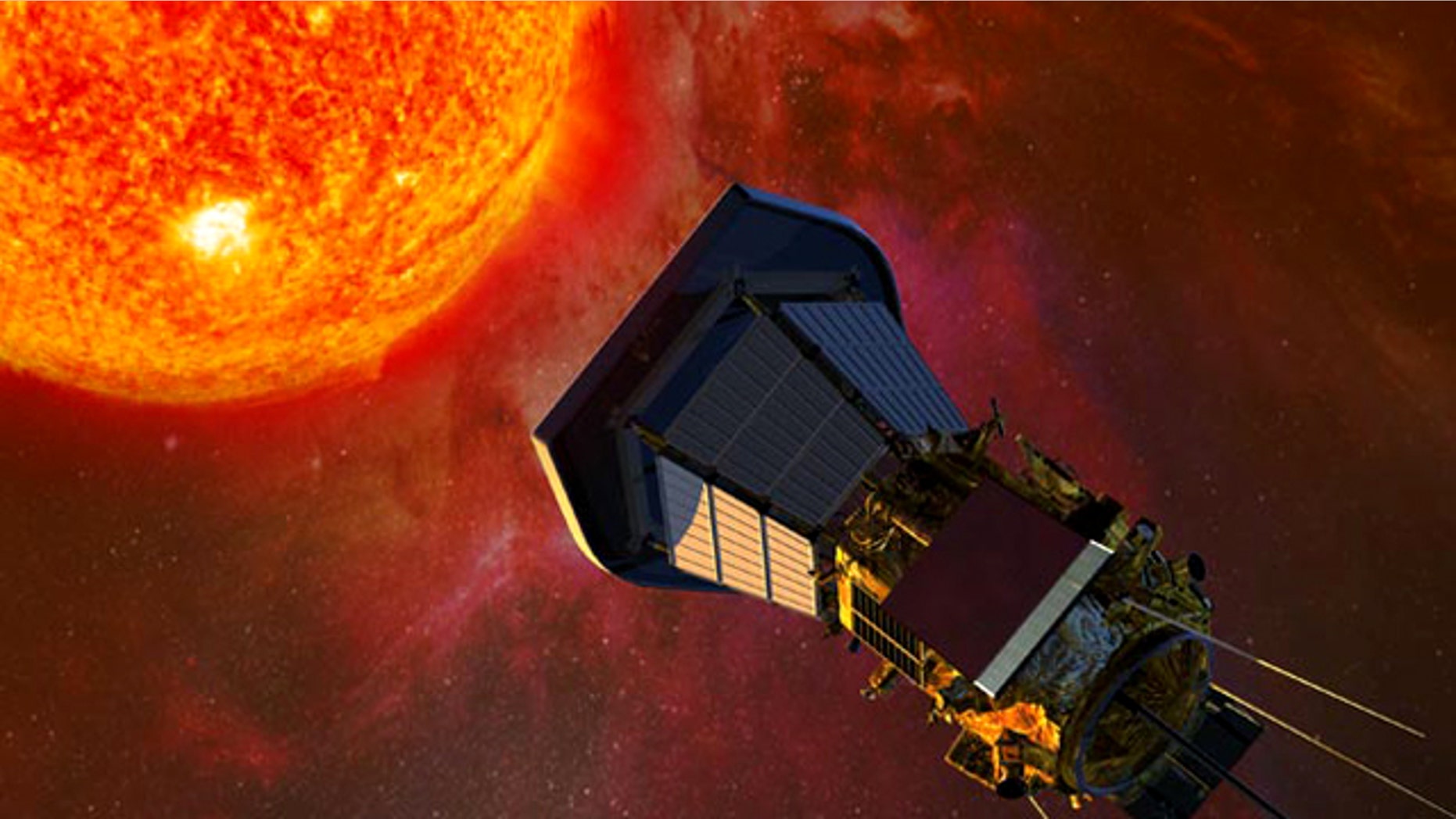 The Solar Probe Plus spacecraft, with solar panels folded into the shadows of its protective shield, gathers data on its approach to the Sun.