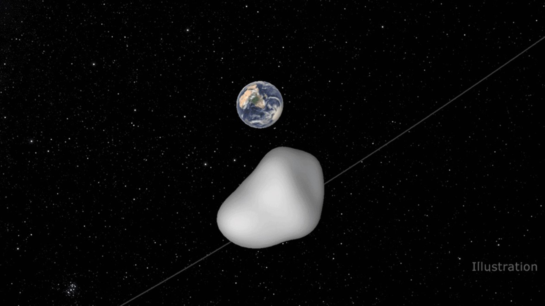 This illustration depicts the flyby of small asteroid 2012 TC4 as it passes under Earth. On Oct. 12 EDT (Oct. 11 PDT), 2012 TC4 will safely pass by Earth at a distance of approximately 26,000 miles. (Image credit: NASA/JPL-Caltech)