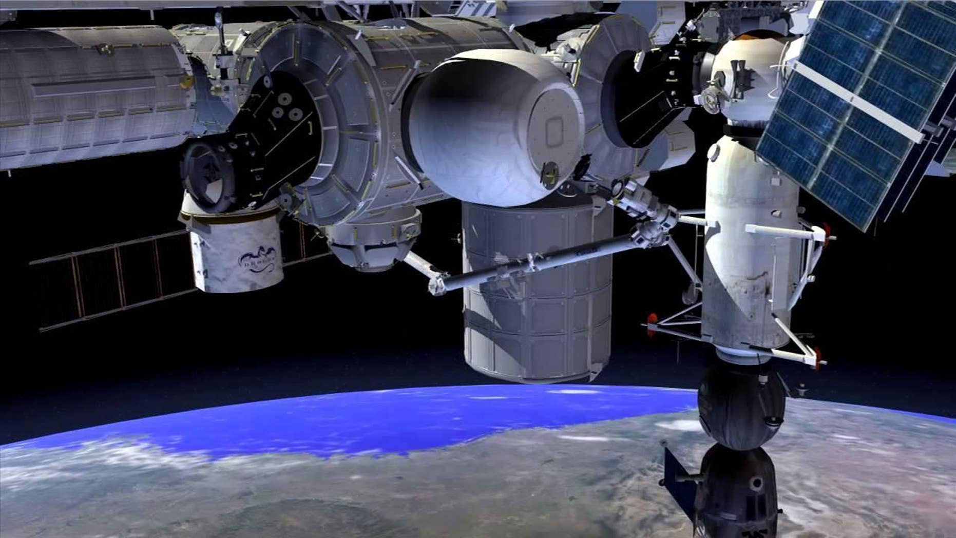 Artist's impression - Inflated BEAM module (balloon structure at top center) berthed to the Tranquility node of ISS (NASA).