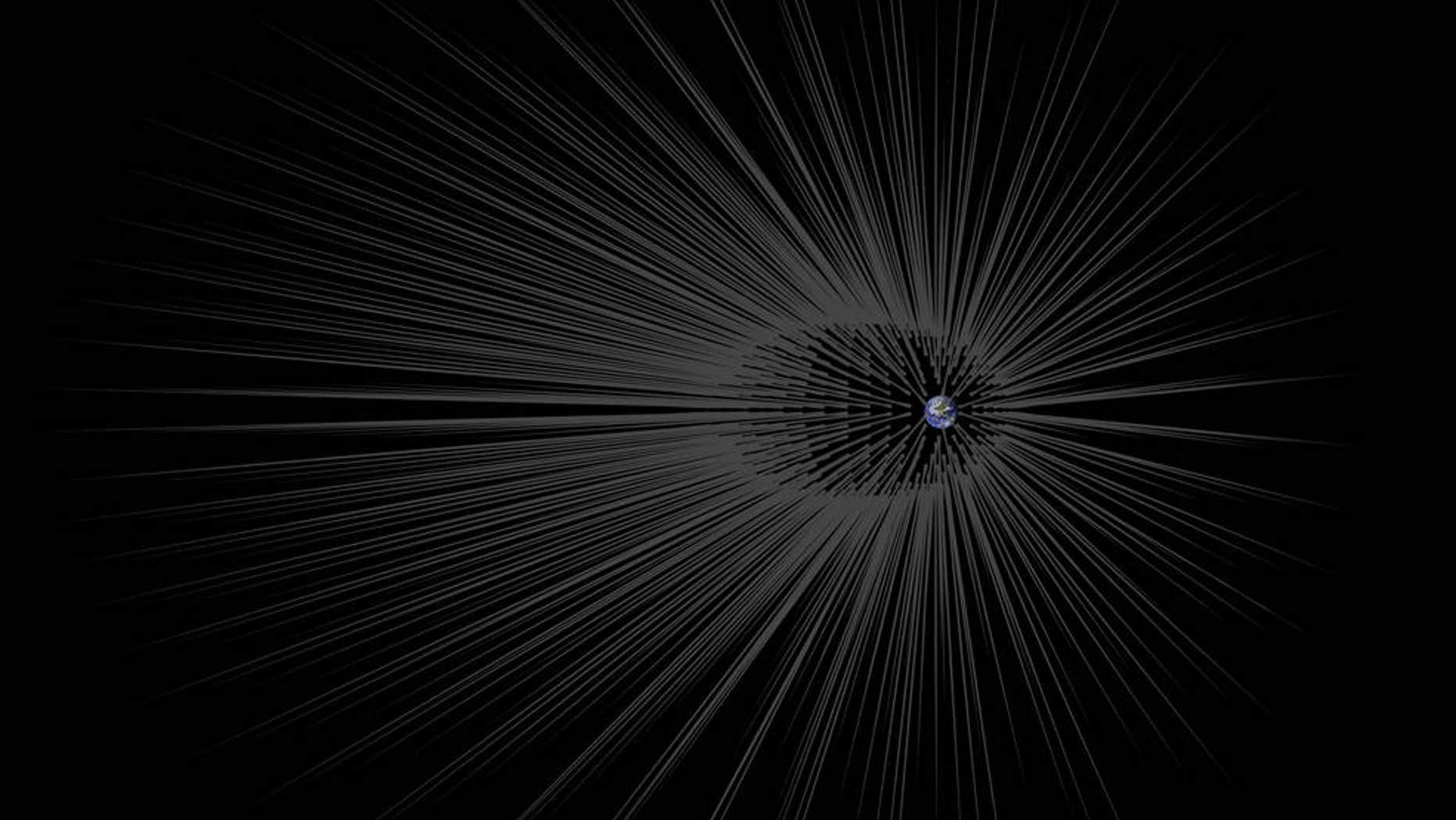 This illustration shows Earth surrounded by theoretical filaments of dark matter called "hairs." (Credit: NASA/JPL-Caltech)