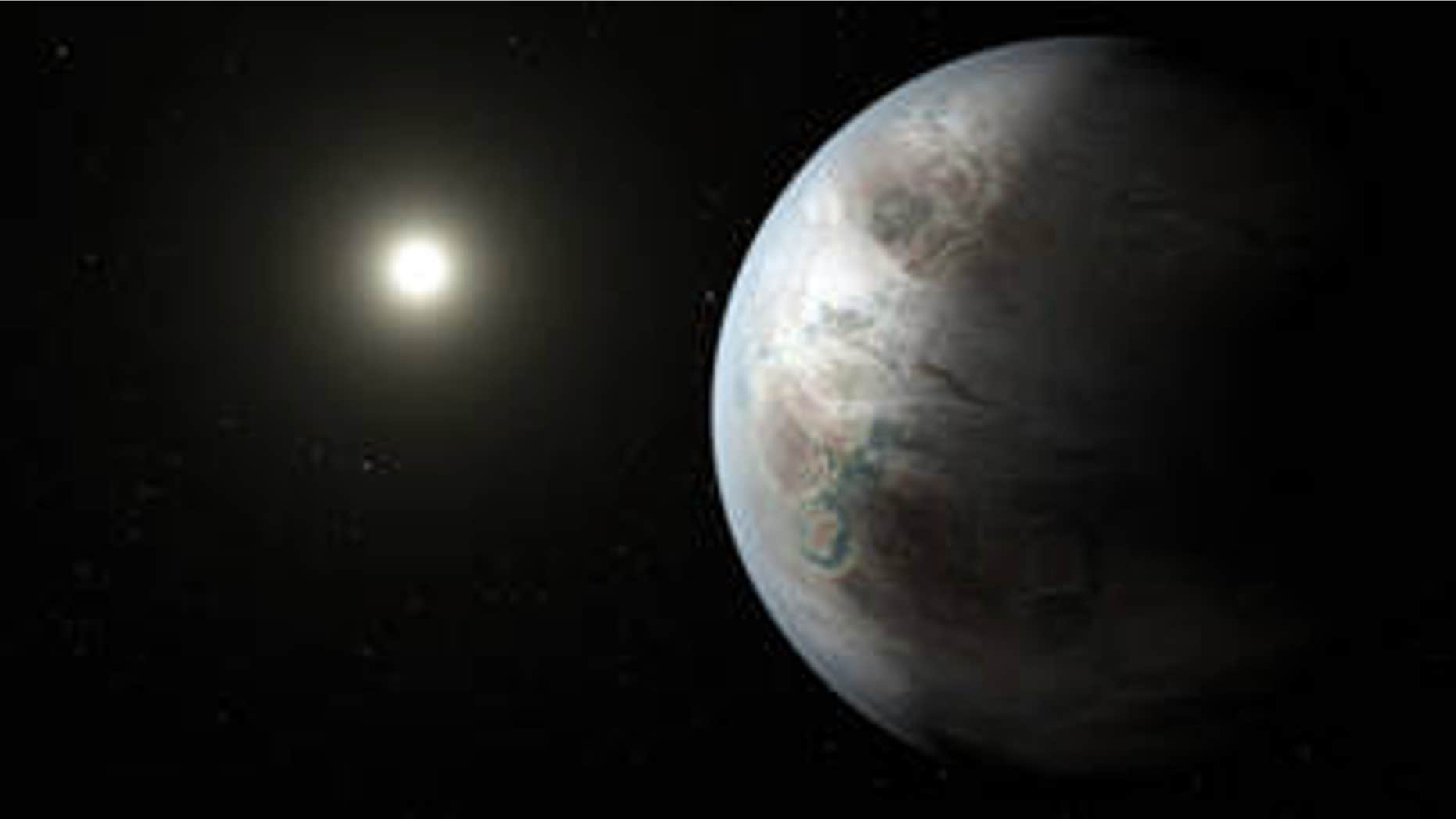 This artist's concept depicts one possible appearance of the planet Kepler-452b, the first near-Earth-size world to be found in the habitable zone of a star that is similar to our sun. (Credits: NASA/JPL-Caltech/T. Pyle)