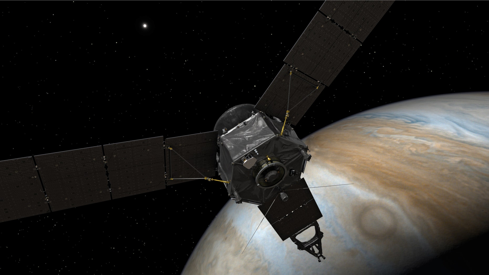 Artist's impression of NASA' s Juno spacecraft at Jupiter (NASA/JPL-Caltech)