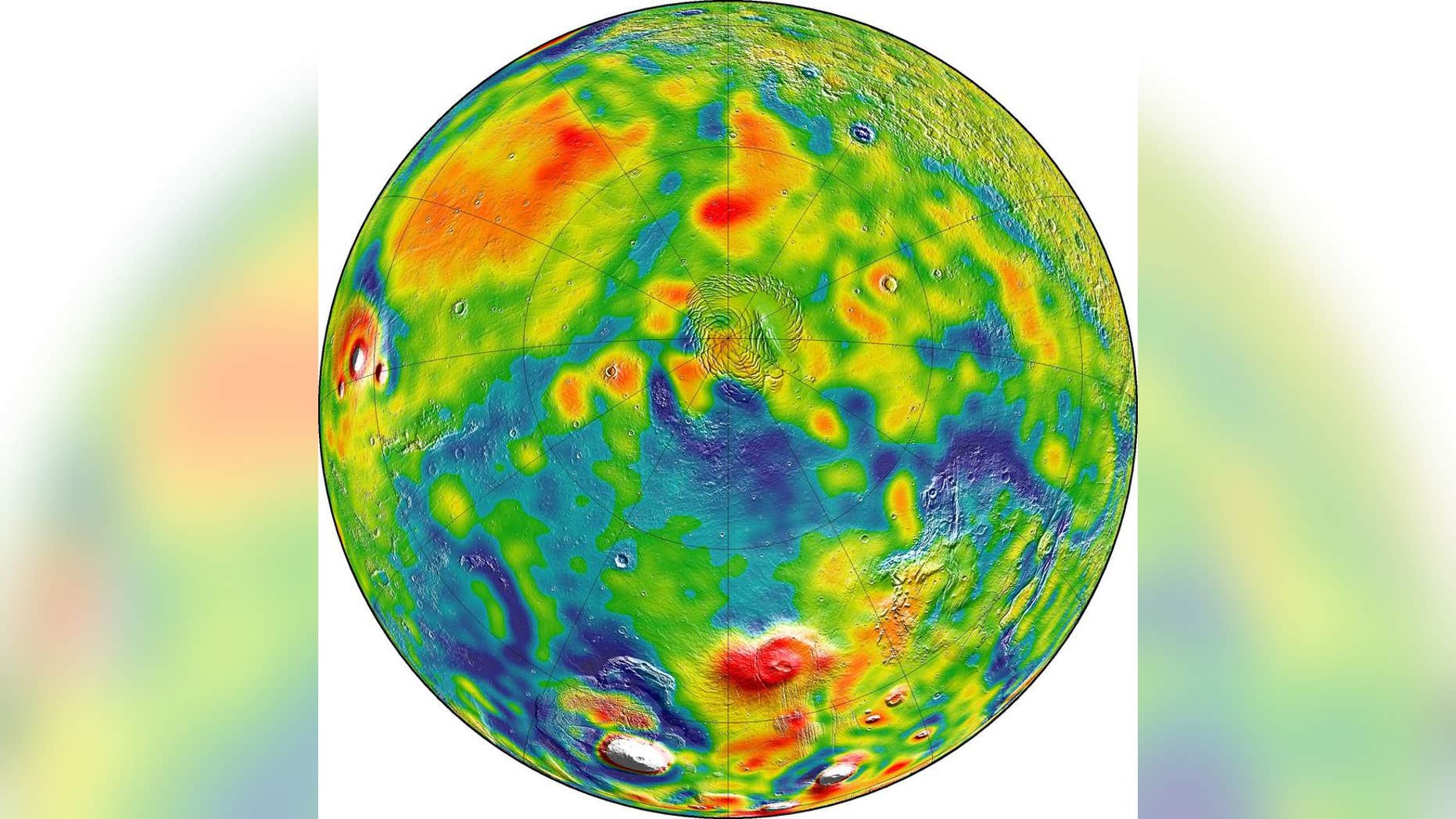 A map of Martian gravity looking down on the North Pole (center). White and red are areas of higher gravity; blue indicates areas of lower gravity. (Credits: MIT/UMBC-CRESST/GSFC)