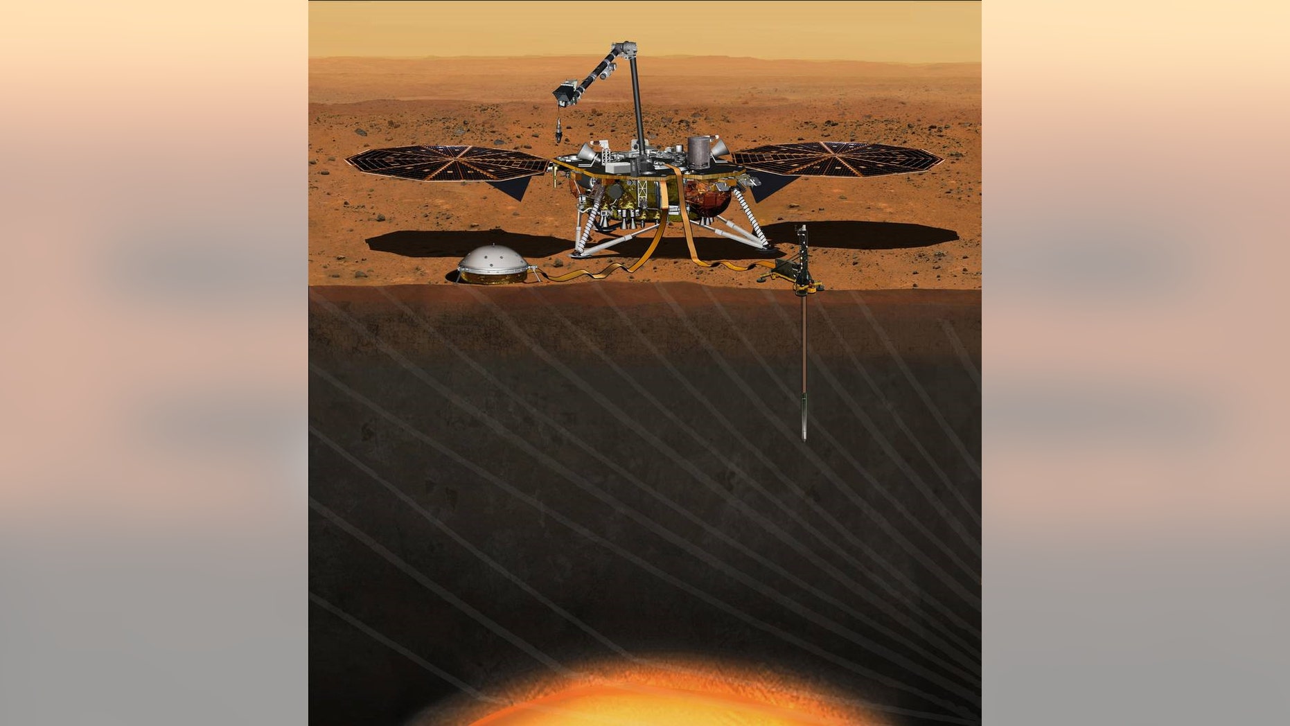 This artist's concept depicts the InSight lander on Mars after the lander's robotic arm has deployed a seismometer and a heat probe directly onto the ground. InSight is the first mission dedicated to investigating the deep interior of Mars. The findings will advance understanding of how all rocky planets, including Earth, formed and evolved. (Credits: NASA/JPL-Caltech)