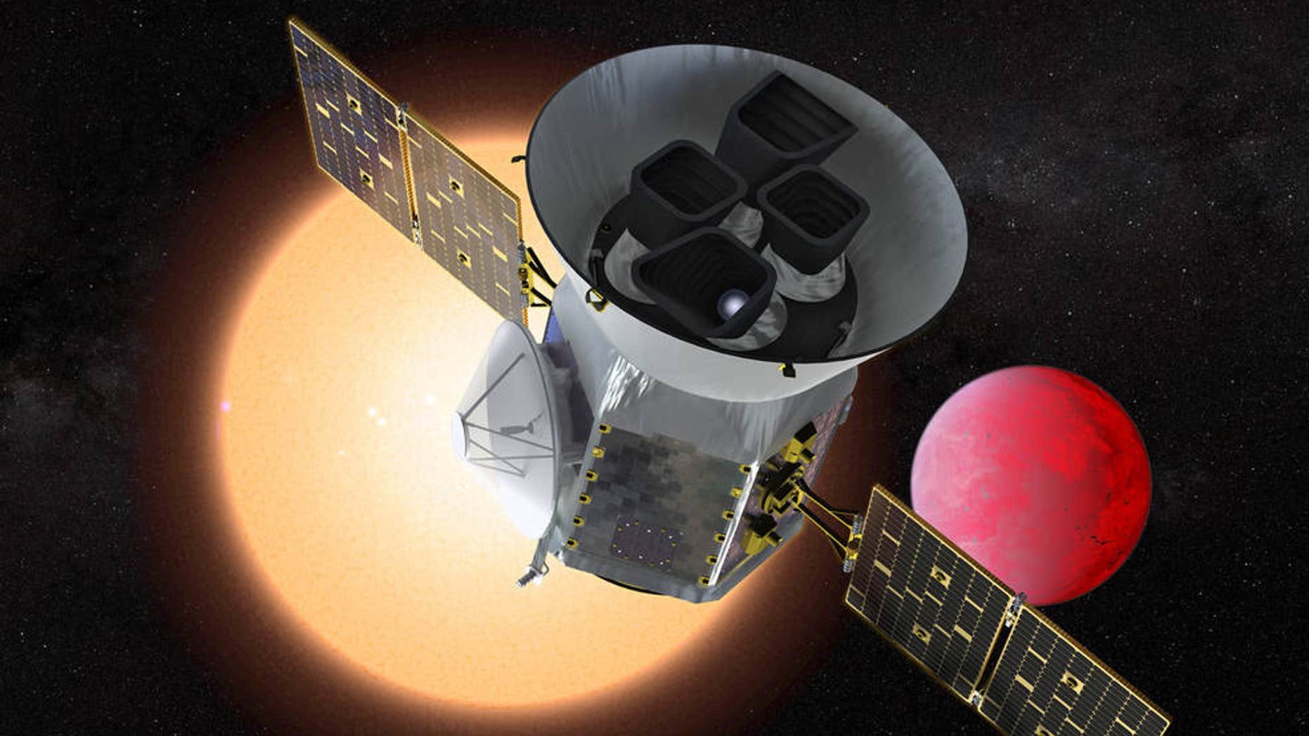 Illustration of the Transiting Exoplanet Survey Satellite (TESS) in front of a lava planet orbiting its host star. TESS will identify thousands of potential new planets for further study and observation. (Credits: NASA/GSFC)