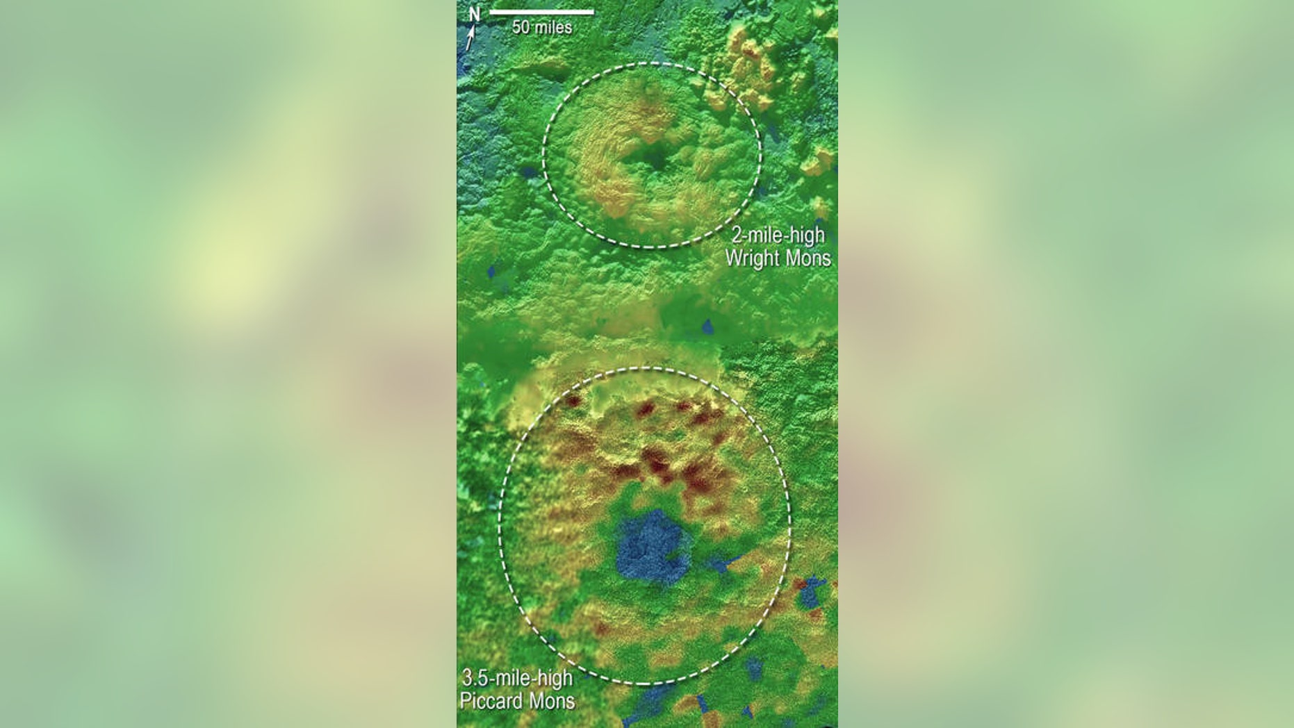 Two of Pluto’s mountains, informally named Wright Mons and Piccard Mons, could be ice volcanoes. Blue indicates lower terrain, brown shows higher elevation and green terrains are at intermediate heights. (Credits: NASA/JHUAPL/SwRI)