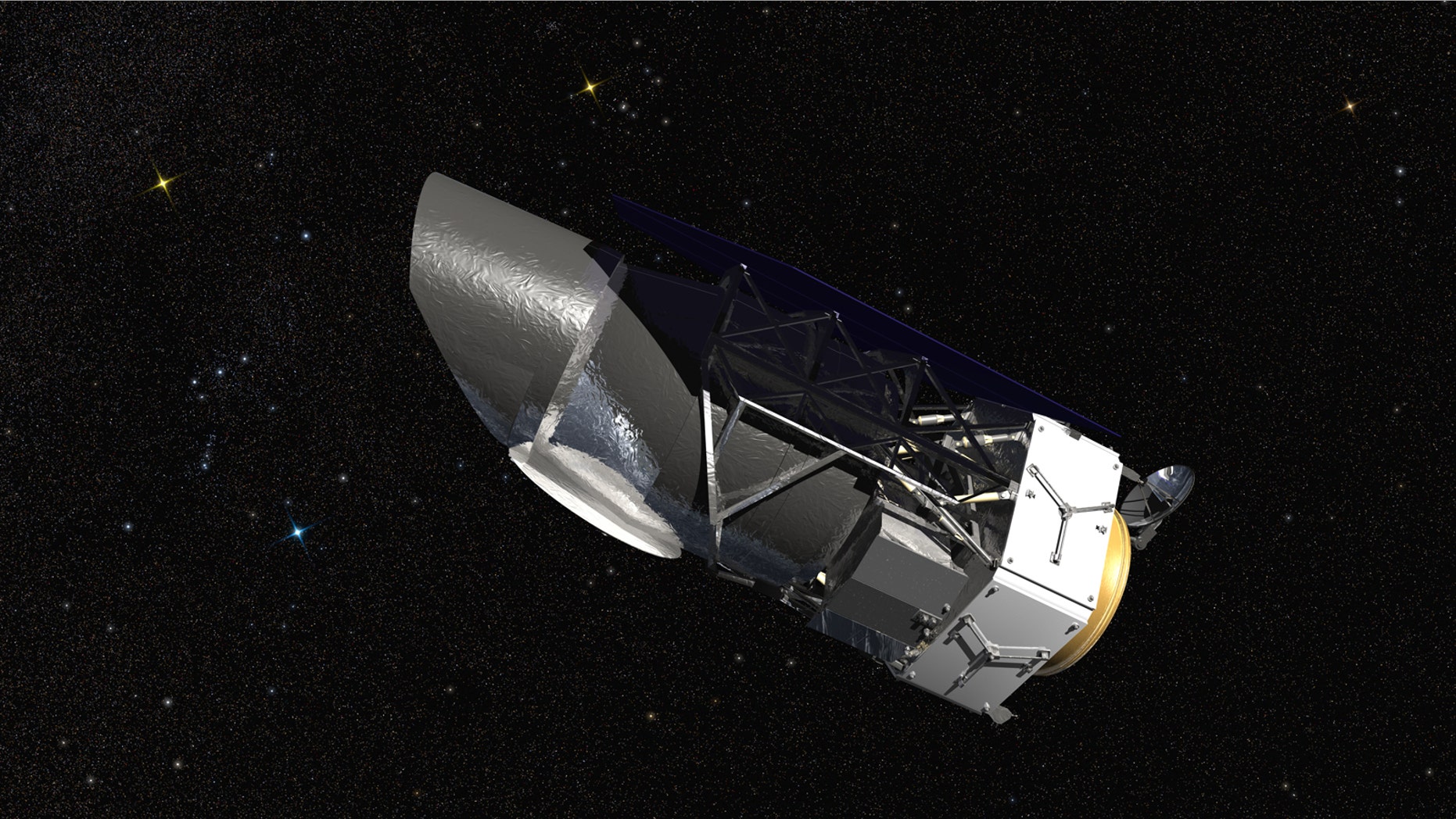WFIRST, the Wide Field Infrared Survey Telescope, is shown here in an artist's rendering.(NASA/Goddard Space Flight Center/Conceptual Image Lab)