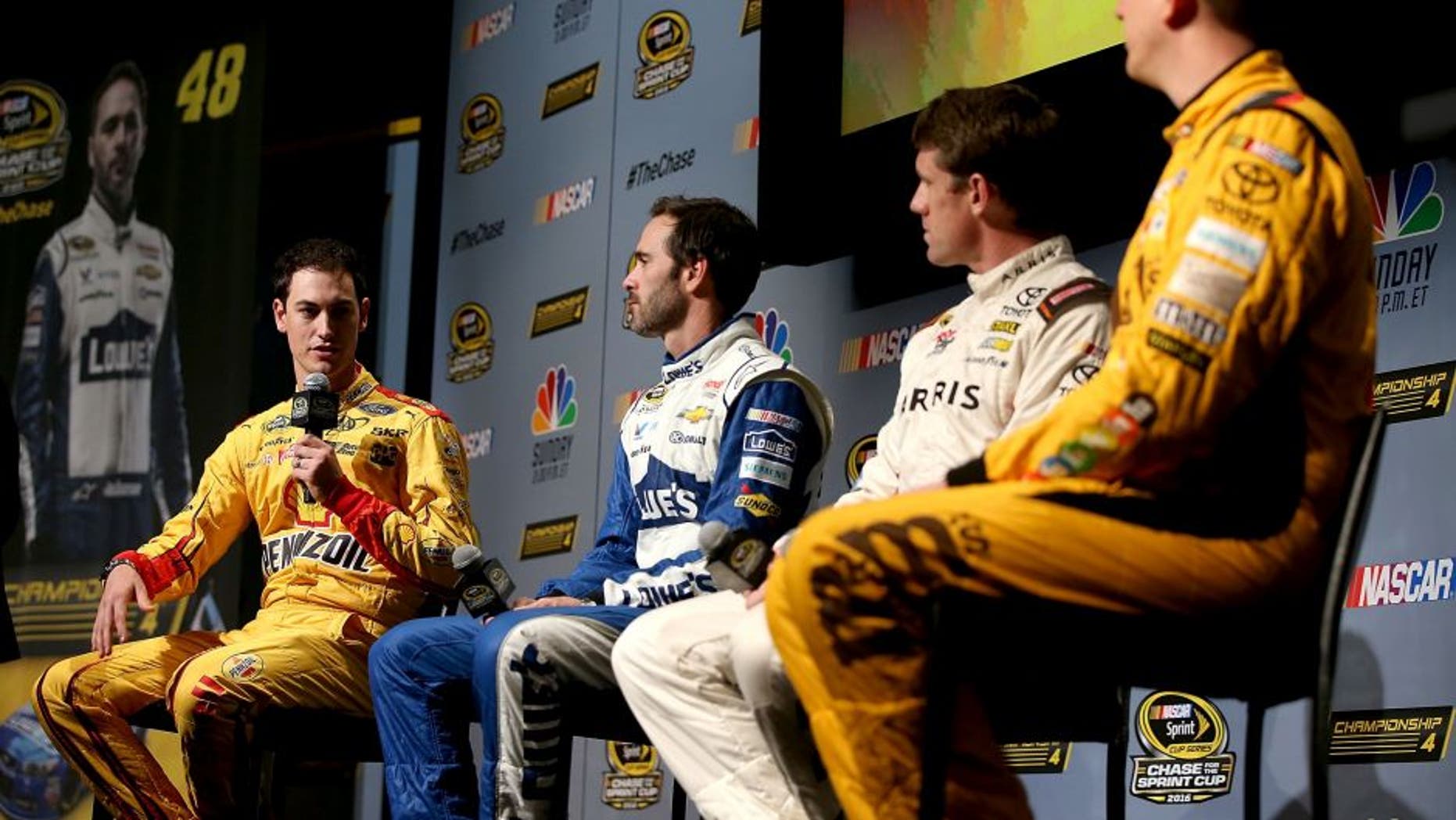 MIAMI BEACH, FL - NOVEMBER 17: (L-R) Joey Logano, driver of the #22 Shell Pennzoil Ford, Jimmie Johnson, driver of the #48 Lowes Chevrolet, Carl Edwards, driver of the #19 Arris Surfboard Toyota, and Kyle Busch, driver of the (18) M&M's Core Toyota, talk to the media during media day for the NASCAR Sprint Cup Series Championship at the Loews Hotel on November 17, 2016 in Miami Beach, Florida. (Photo by Sean Gardner/NASCAR via Getty Images)