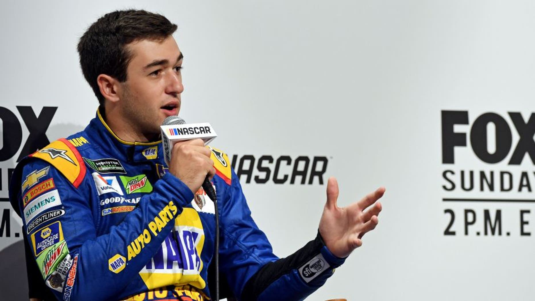 Feb 22, 2017; Daytona Beach, FL, USA; NASCAR Cup Series driver Chase Elliott speaks to the media during Daytona 500 media day at Daytona International Speedway. Mandatory Credit: John David Mercer-USA TODAY Sports
