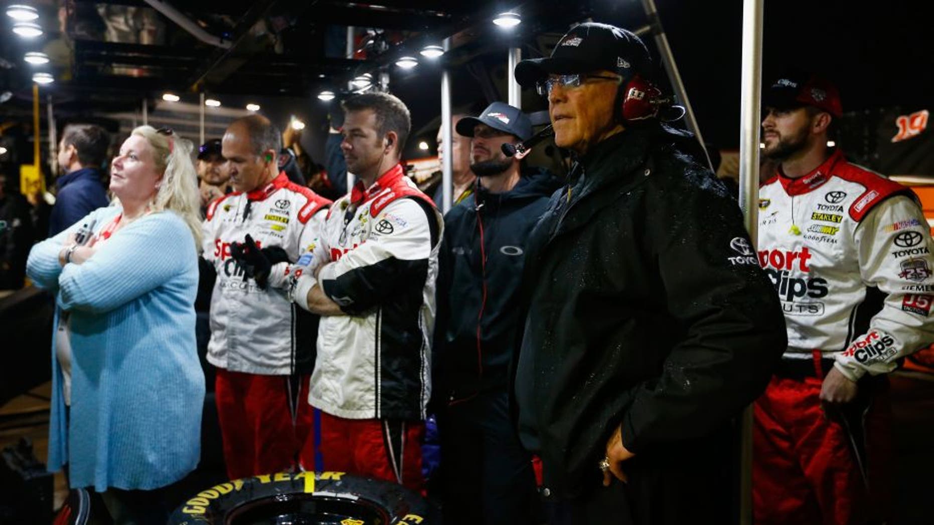 FORT WORTH, TX - NOVEMBER 06: Joe Gibbs, team owner of Carl Edwards, driver of the #19 Sport Clips Toyota, looks on while waiting for the race to be called due to rain during the NASCAR Sprint Cup Series AAA Texas 500 at Texas Motor Speedway on November 6, 2016 in Fort Worth, Texas. (Photo by Daniel Shirey/Getty Images)