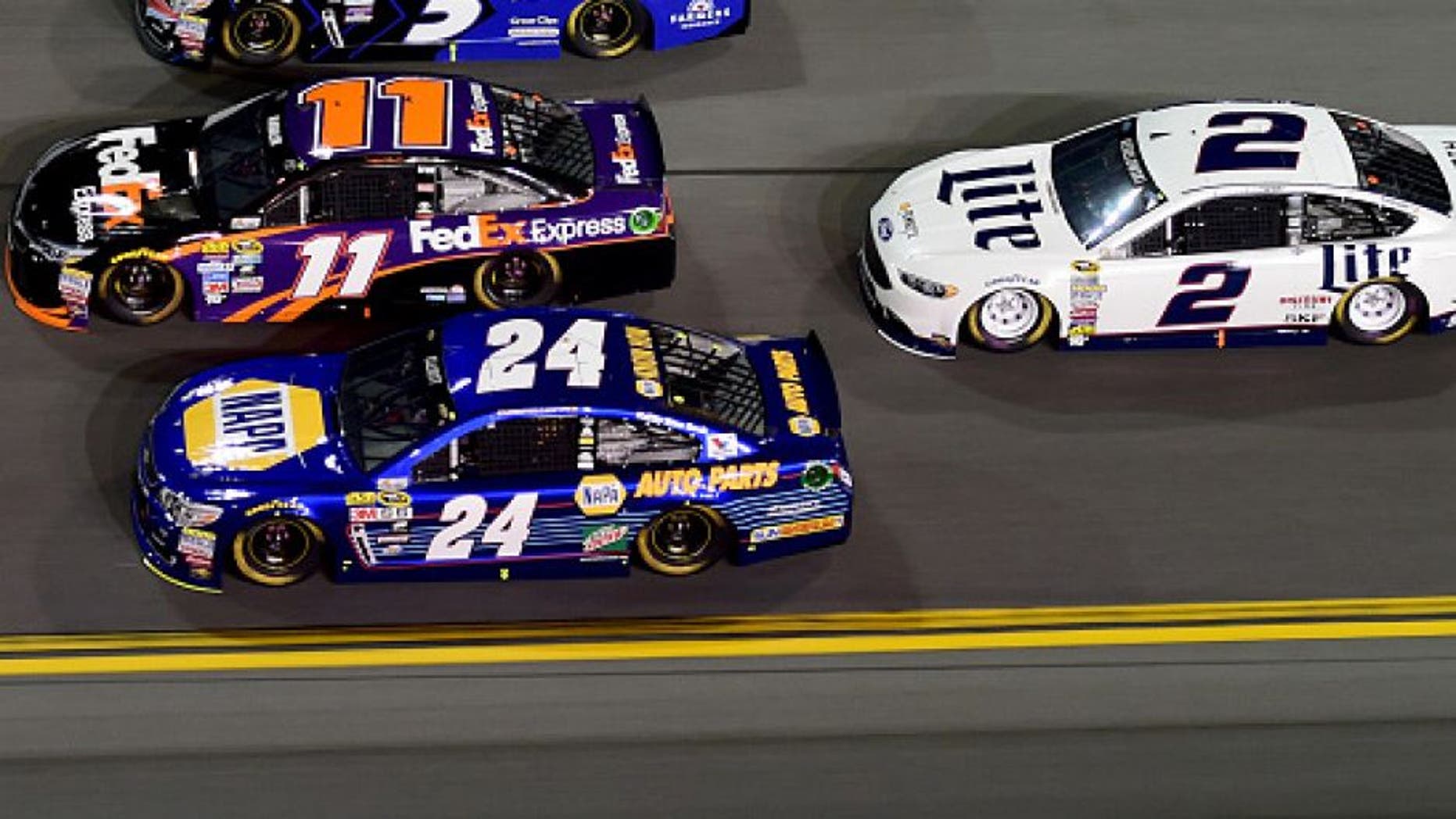 DAYTONA BEACH, FL - FEBRUARY 18: Chase Elliott, driver of the #24 NAPA Auto Parts Chevrolet, Denny Hamlin, driver of the #11 FedEx Express Toyota, and Kasey Kahne, driver of the #5 Farmers Insurance Chevrolet, race ahead of Brad Keselowski, driver of the #2 Miller Lite Ford, during the NASCAR Sprint Cup Series Can-Am Duels at Daytona International Speedway on February 18, 2016 in Daytona Beach, Florida. (Photo by Jared C. Tilton/Getty Images)