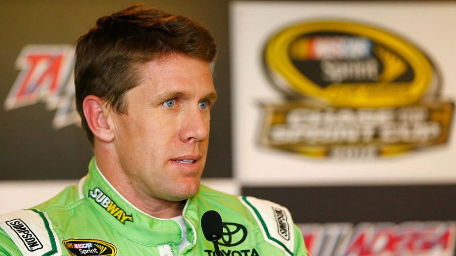 TALLADEGA, AL - OCTOBER 21: Carl Edwards, driver of the #19 Subway Toyota, holds a press conference after practice for the NASCAR Sprint Cup Series Hellmann's 500 at Talladega Superspeedway on October 21, 2016 in Talladega, Alabama. (Photo by Jonathan Ferrey/NASCAR via Getty Images)