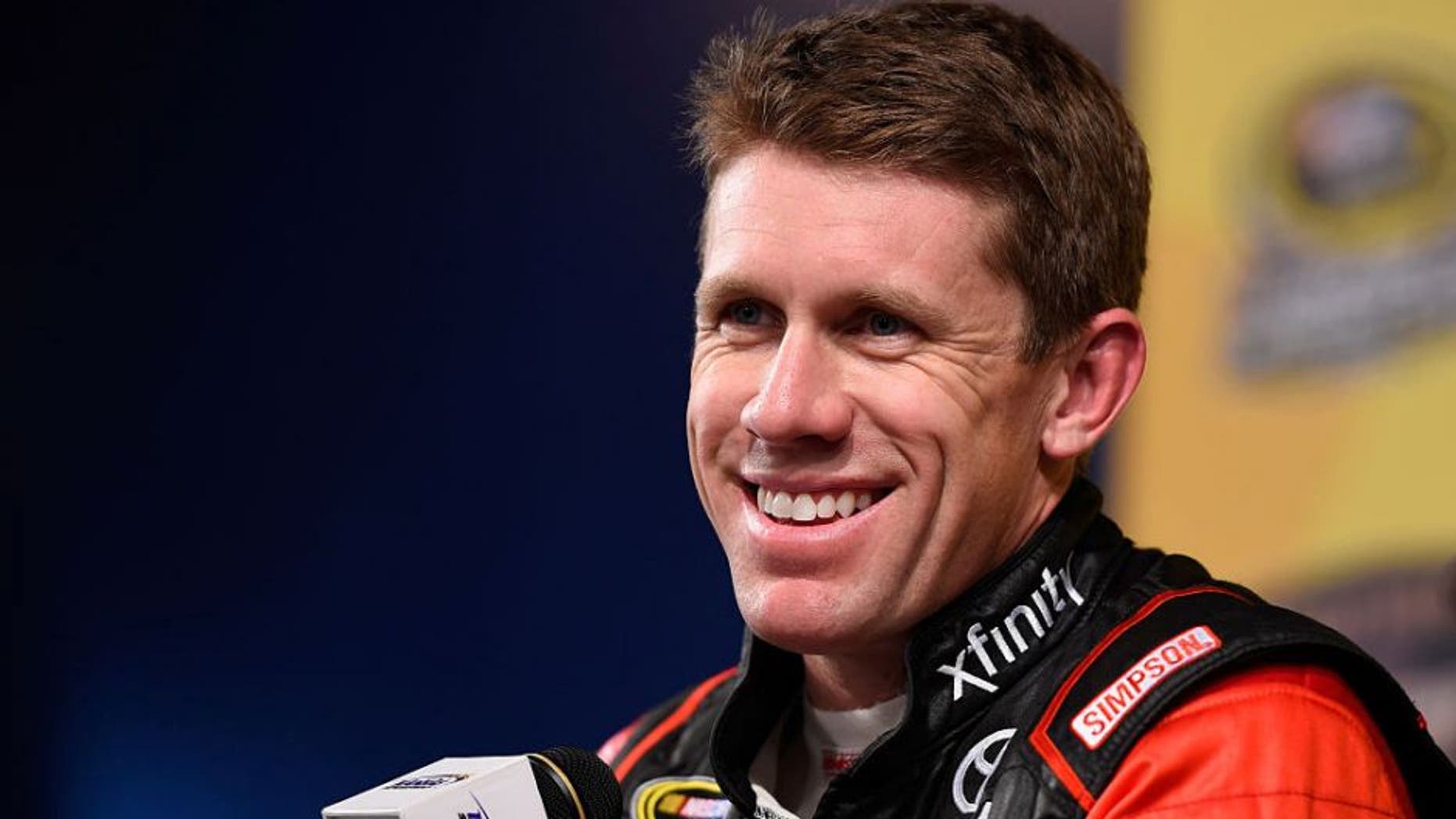 KANSAS CITY, KS - OCTOBER 14: Carl Edwards, driver of the #19 Xfinity Toyota, holds a press conference after practice for the NASCAR Sprint Cup Series Hollywood Casino 400 at Kansas Speedway on October 14, 2016 in Kansas City, Kansas. (Photo by Josh Hedges/Getty Images)