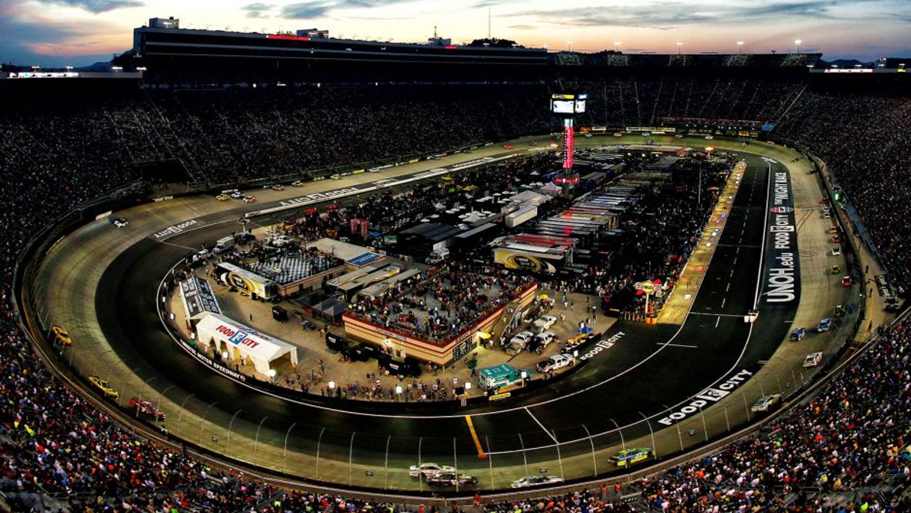 BRISTOL, TN - AUGUST 22: A view of cars racing during the NASCAR Sprint Cup Series IRWIN Tools Night Race at Bristol Motor Speedway on August 22, 2015 in Bristol, Tennessee. (Photo by Tom Pennington/Getty Images)