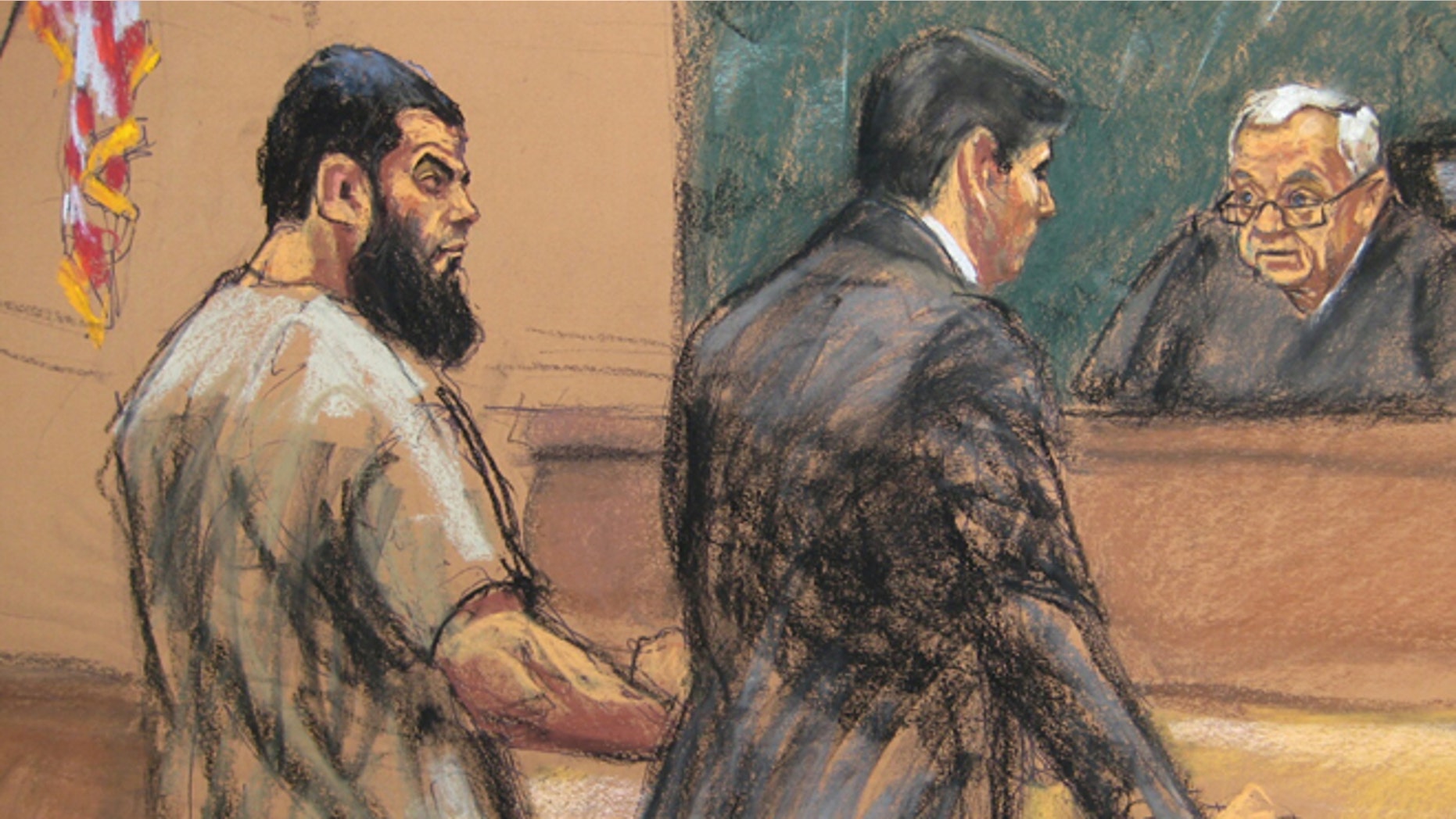 Nov. 24, 2015: A courtroom sketch of Abid Naseer being sentenced by a judge.