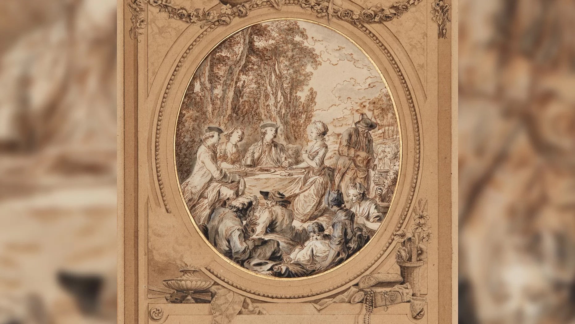 Preparatory sketch with a drawn frame for an illustration of the Comedy Les Moissonneurs, 1768, by Charles Dominique Joseph Eisen (1720–1778). Credit: Charles Dominique Joseph Eisen/Courtesy of the Bundeskunsthalle museum