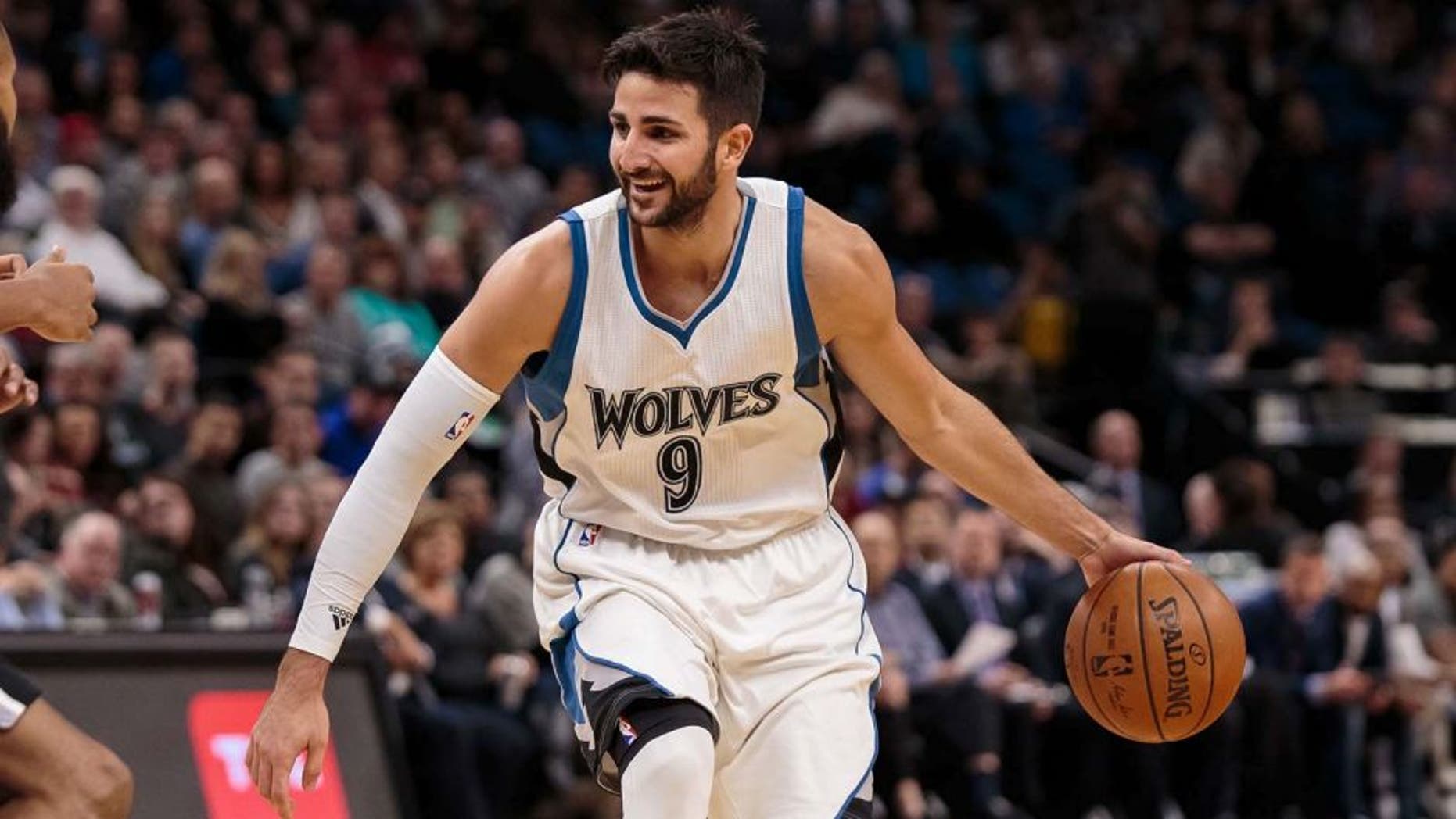 Dec 6, 2016; Minneapolis, MN, USA; Minnesota Timberwolves guard Ricky Rubio (9) dribbles in the second quarter against the San Antonio Spurs at Target Center. Mandatory Credit: Brad Rempel-USA TODAY Sports