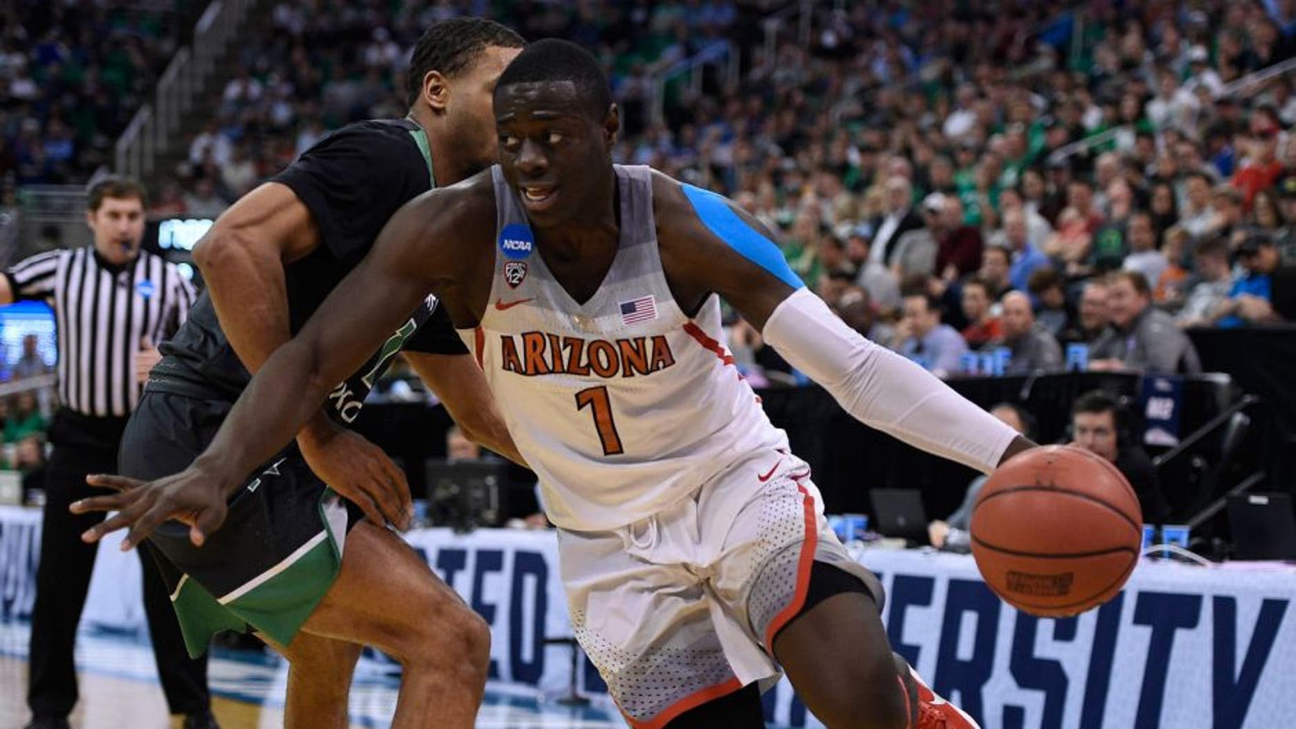 March 16, 2017; Salt Lake City, UT, USA; Arizona Wildcats guard Rawle Alkins (1) moves to the basket against the North Dakota Fighting Hawks during the second half in the first round of the NCAA tournament at Vivint Smart Home Arena. Mandatory Credit: Kelvin Kuo-USA TODAY Sports