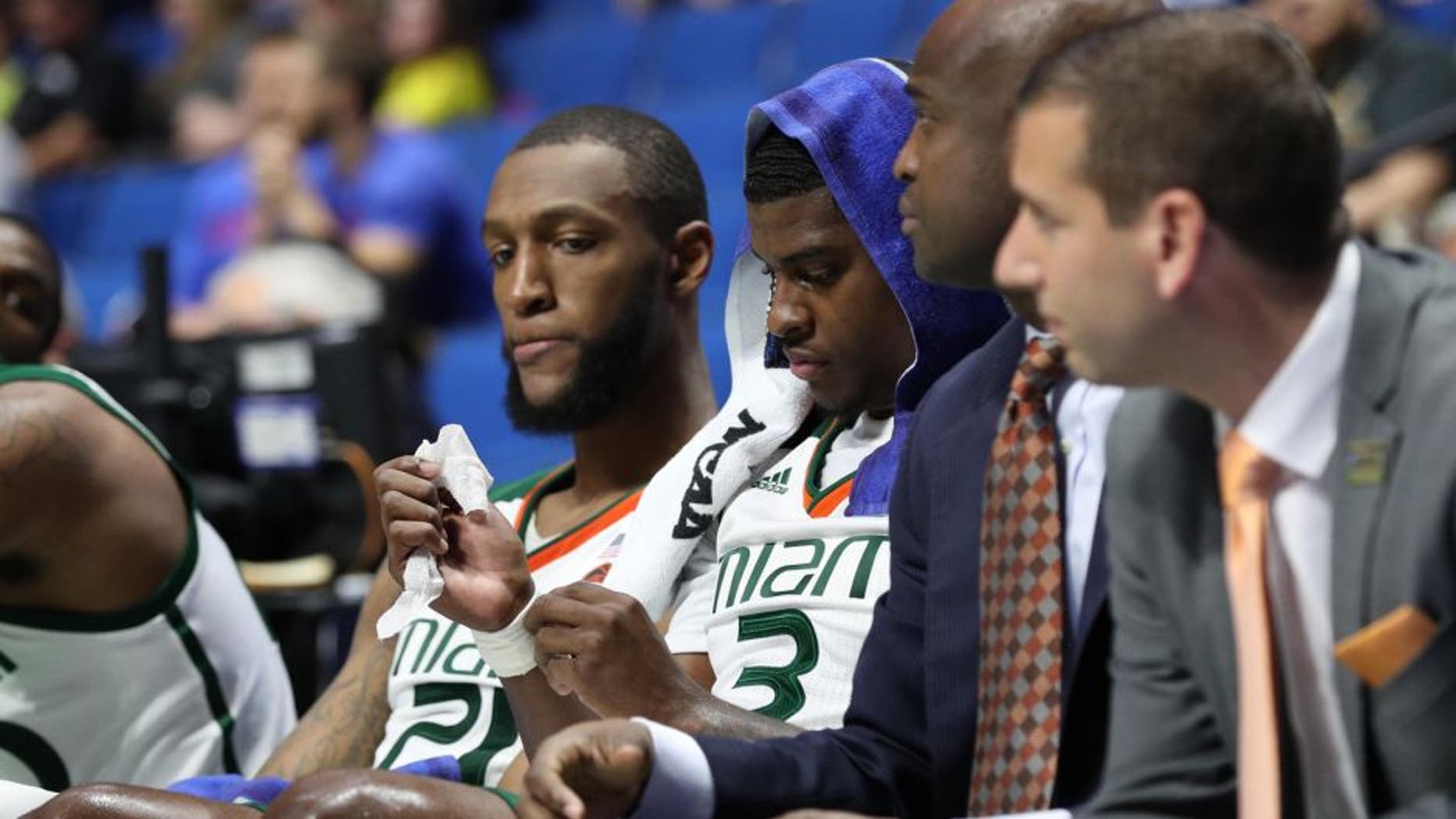 Mar 17, 2017; Tulsa, OK, USA; Miami Hurricanes forward Anthony Lawrence Jr. (3) reacts during the second half against the Michigan State Spartans in the first round of the 2017 NCAA Tournament at BOK Center. Michigan State defeated Miami 78-58. Mandatory Credit: Brett Rojo-USA TODAY Sports