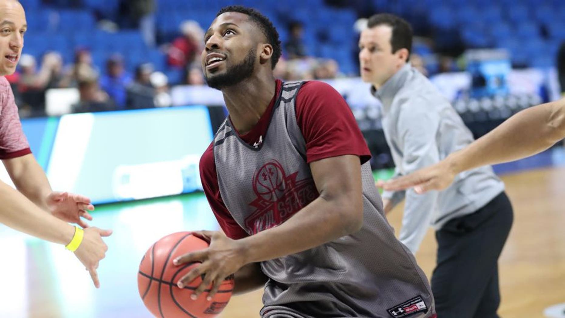 Mar 16, 2017; Tulsa, OK, USA; New Mexico State Aggies guard Chancellor Ellis (3) during practice at BOK Center. Mandatory Credit: Brett Rojo-USA TODAY Sports