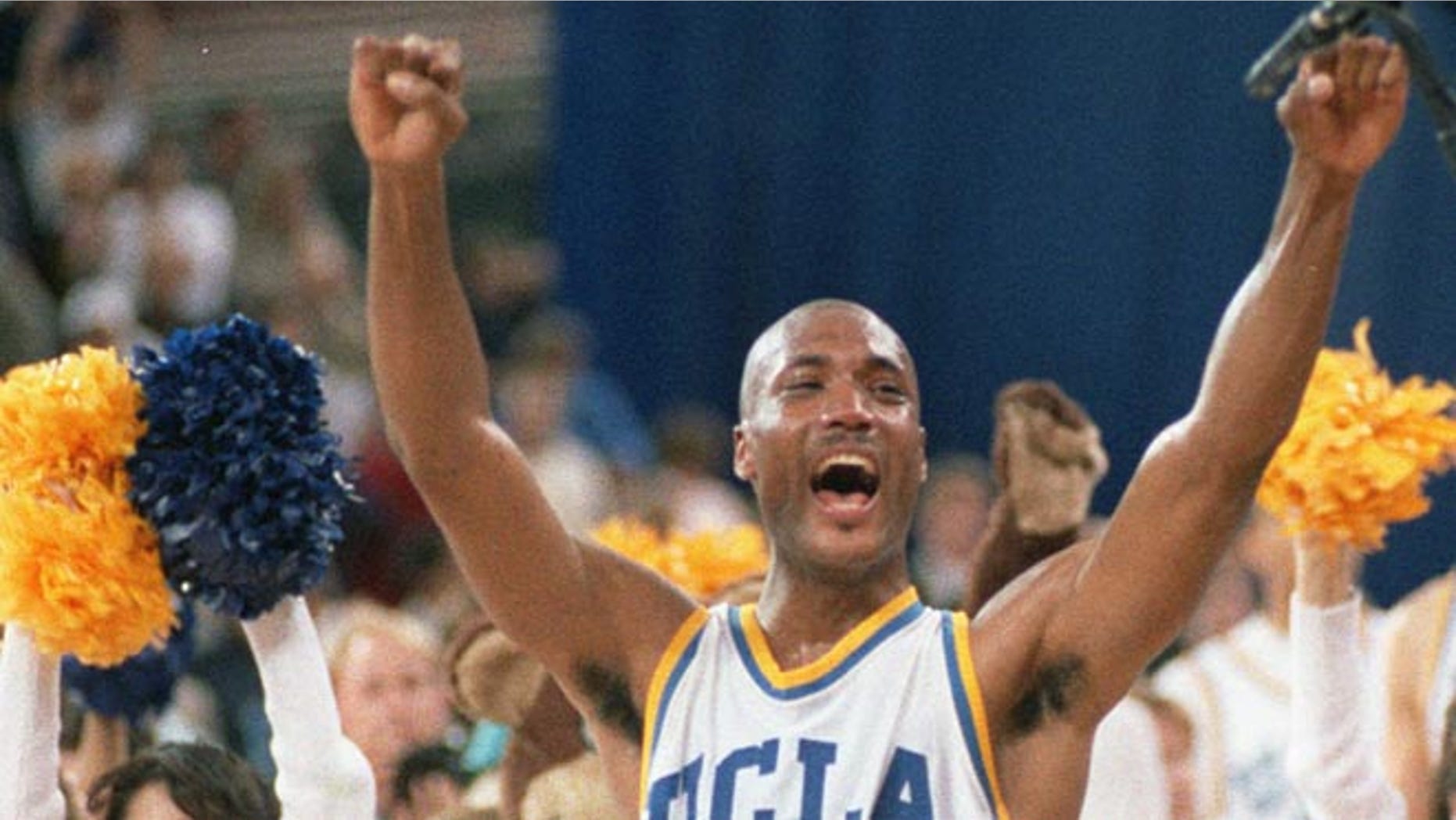 April 3, 1995: UCLA's Ed O'Bannon celebrates after his team won the championship NCAA game against Arkansas in Seattle.