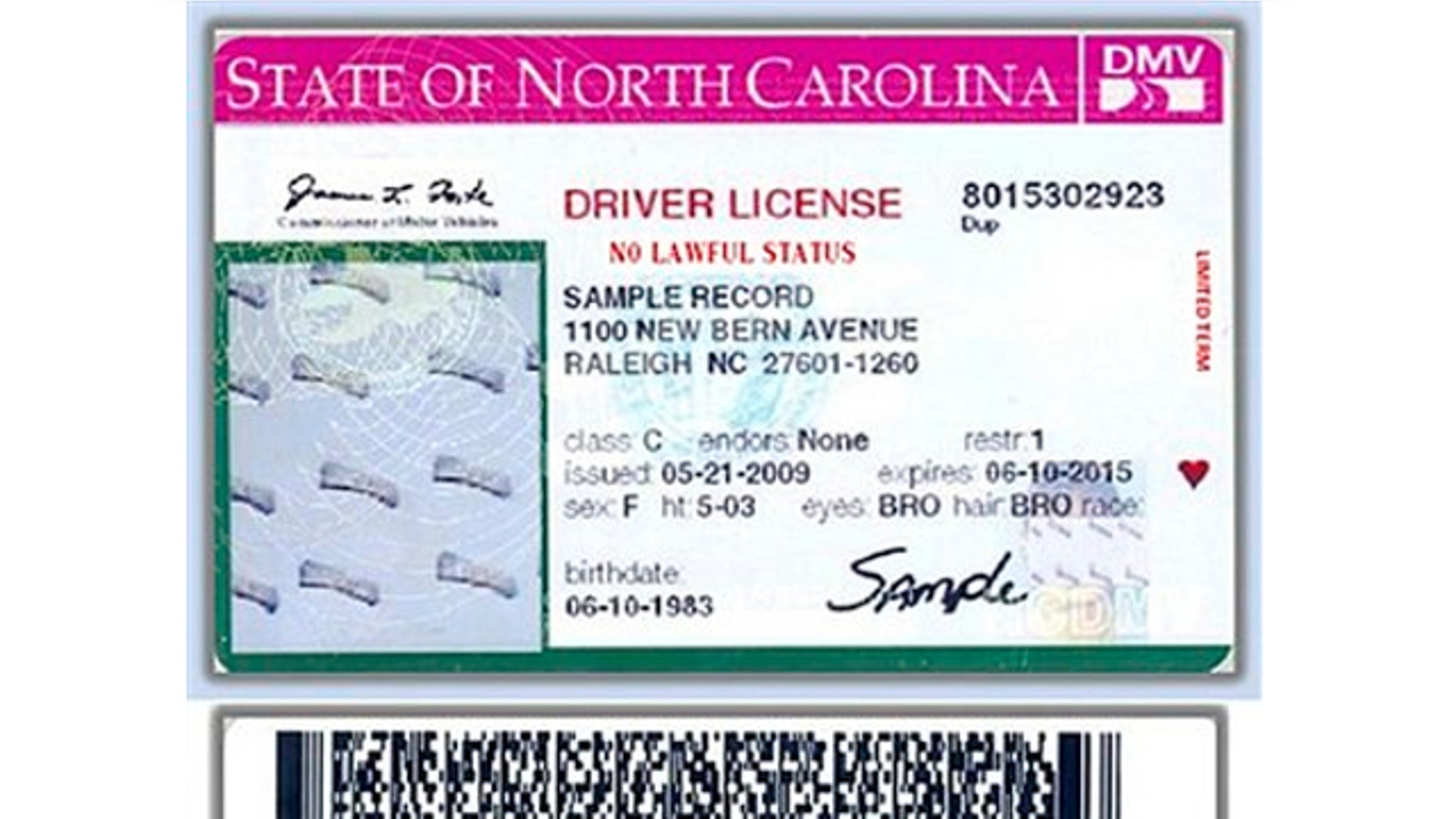 Feb. 22, 2013: A new North Carolina driver's license set to be issued to some illegal immigrants has a bright pink stripe and the bold words "NO LAWFUL STATUS," is shown.