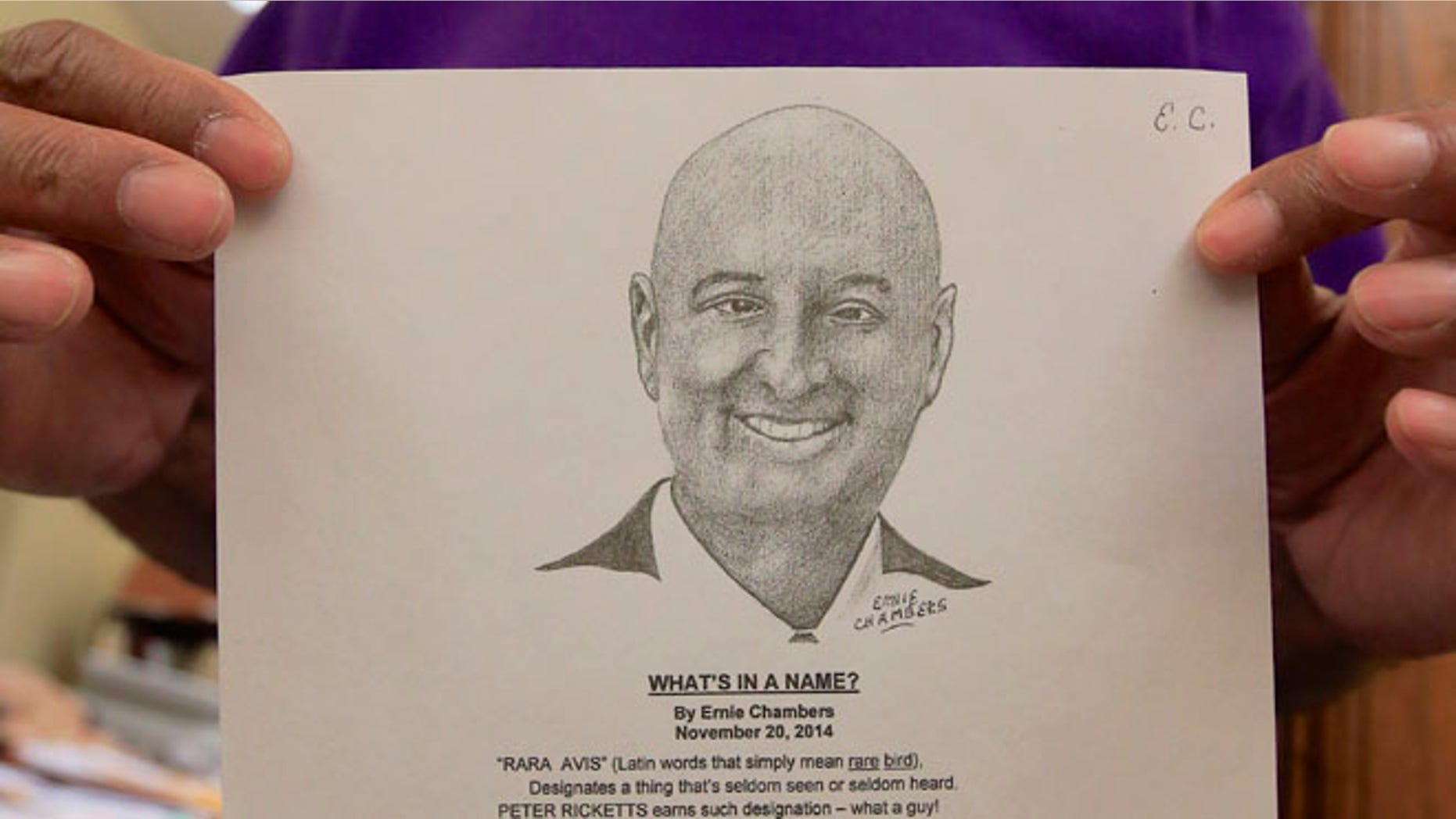 March 18, 2015: Nebraska State Sen. Ernie Chambers of Omaha holds in his Lincoln, Neb., office a portrait and poem he made of Neb. Gov. Pete Ricketts.