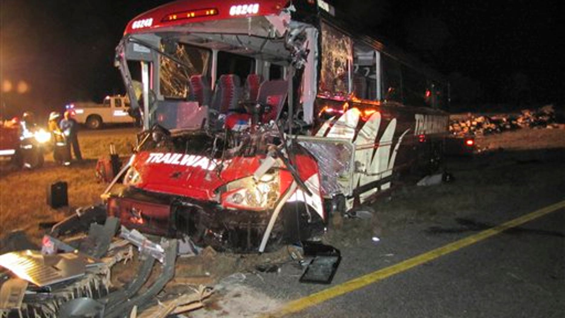 Oct. 6: This photo provided by the Nebraska State Patrol shows a Burlington Trailways bus that crashed into a semi on Interstate 80 near Gibbon, Neb. Five people were treated at hospital after the Denver-bound bus rammed into an overturned semitrailer on Interstate 80 near Gibbon, Neb., early Thursday.