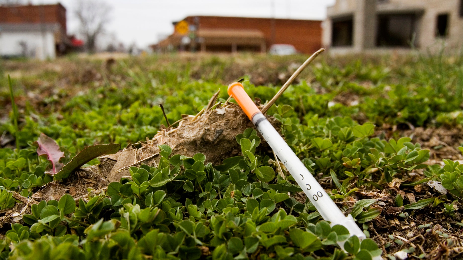 A syringe is pictured in downtown Austin, Indiana, in this photo.