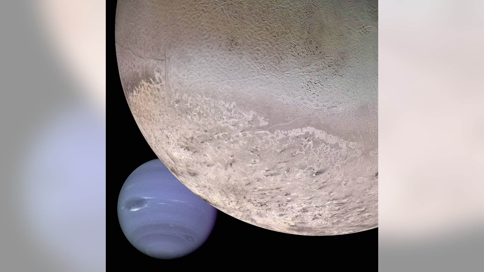A computer-generated montage shows Neptune from the perspective of a spacecraft approaching Triton, the planet's largest moon.