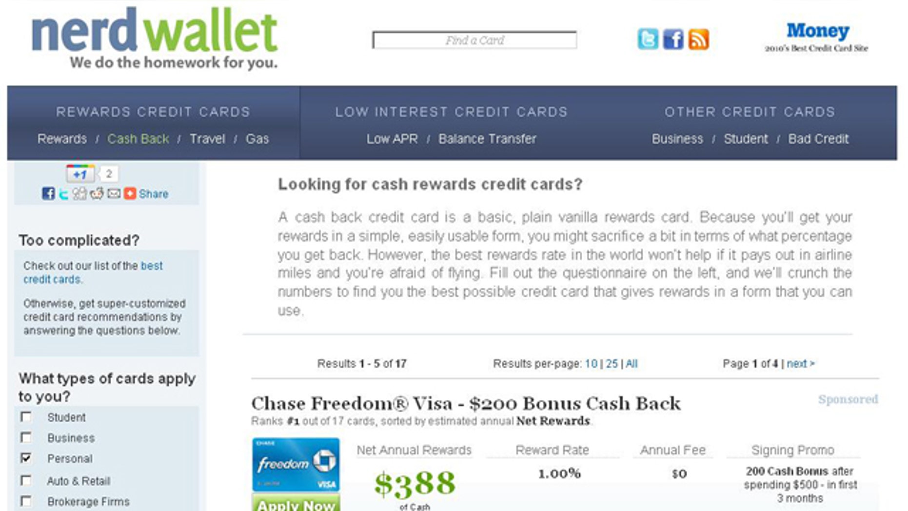 A screenshot of the website for credit-card comparison site NerdWallet, which offers to do the "nerding" work for you.